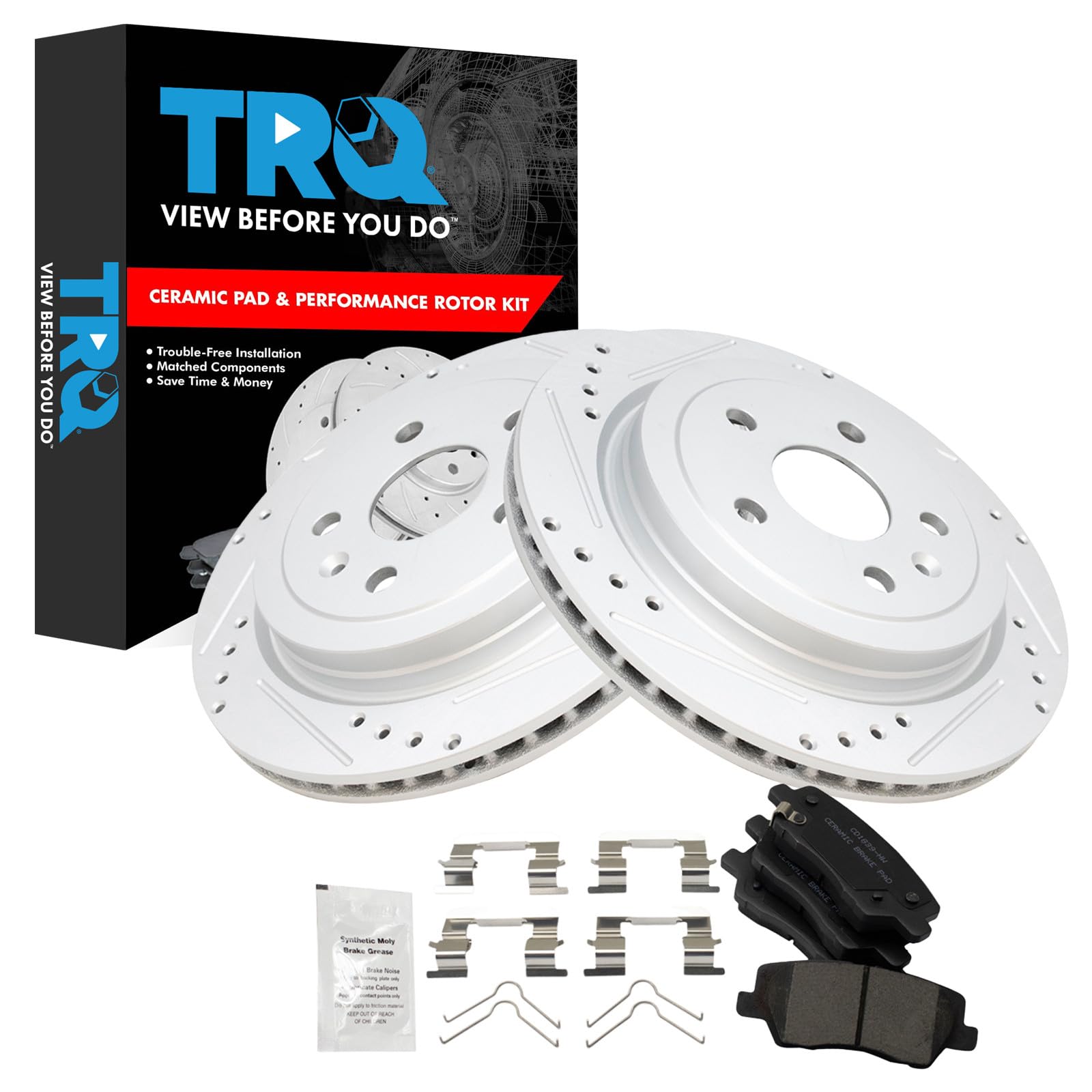 TRQ Performance Rear Ceramic Brake Pad and Rotor Set Coated Drilled Slotted Compatible with 14 Cadillac CTS Base Model Sedan, 15 Cadillac CTS Base Model, 16-18 Vsport