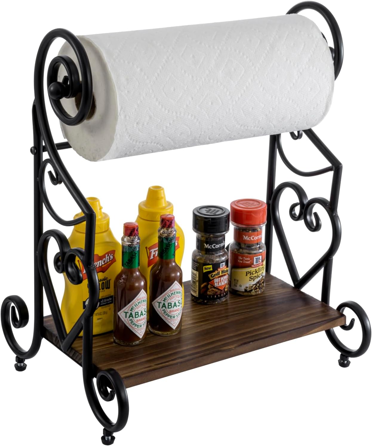 MyGift Freestanding Black Metal Heart Scrollwork Kitchen Countertop Paper Towel Holder Stand with Rustic Burnt Solid Wood Shelf for Spice Jars and Condiment Bottles