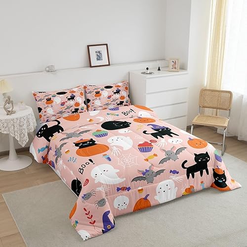 Miniatura 2 de Juego de edredón con estampado de calavera y fantasma para niños y niñas, lindo edredón de fantasma, tamaño matrimonial, juego de ropa de cama de