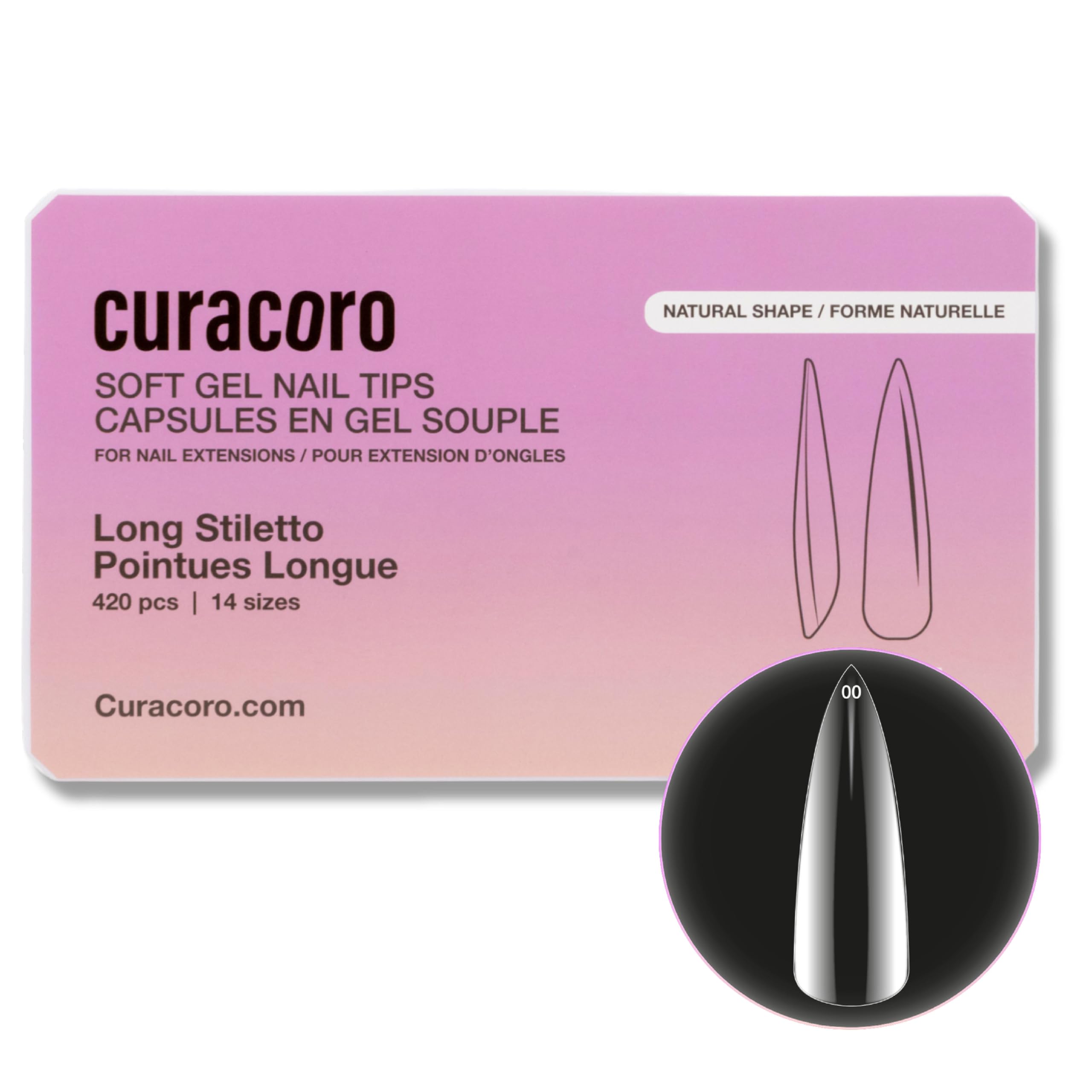 Curacoro Natural Nail Soft Gel Tips, 420Pcs Soft Nail Extension, 14 Sizes Clear Full Cover Acrylic Gel Tips