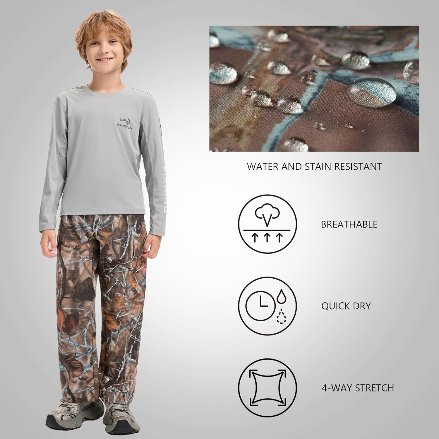 BASSDASH Invis Kid’s Youth Stretch Hunting Pants Water Resistant Breathable Camo Cargo Fishing Pant - Image 4