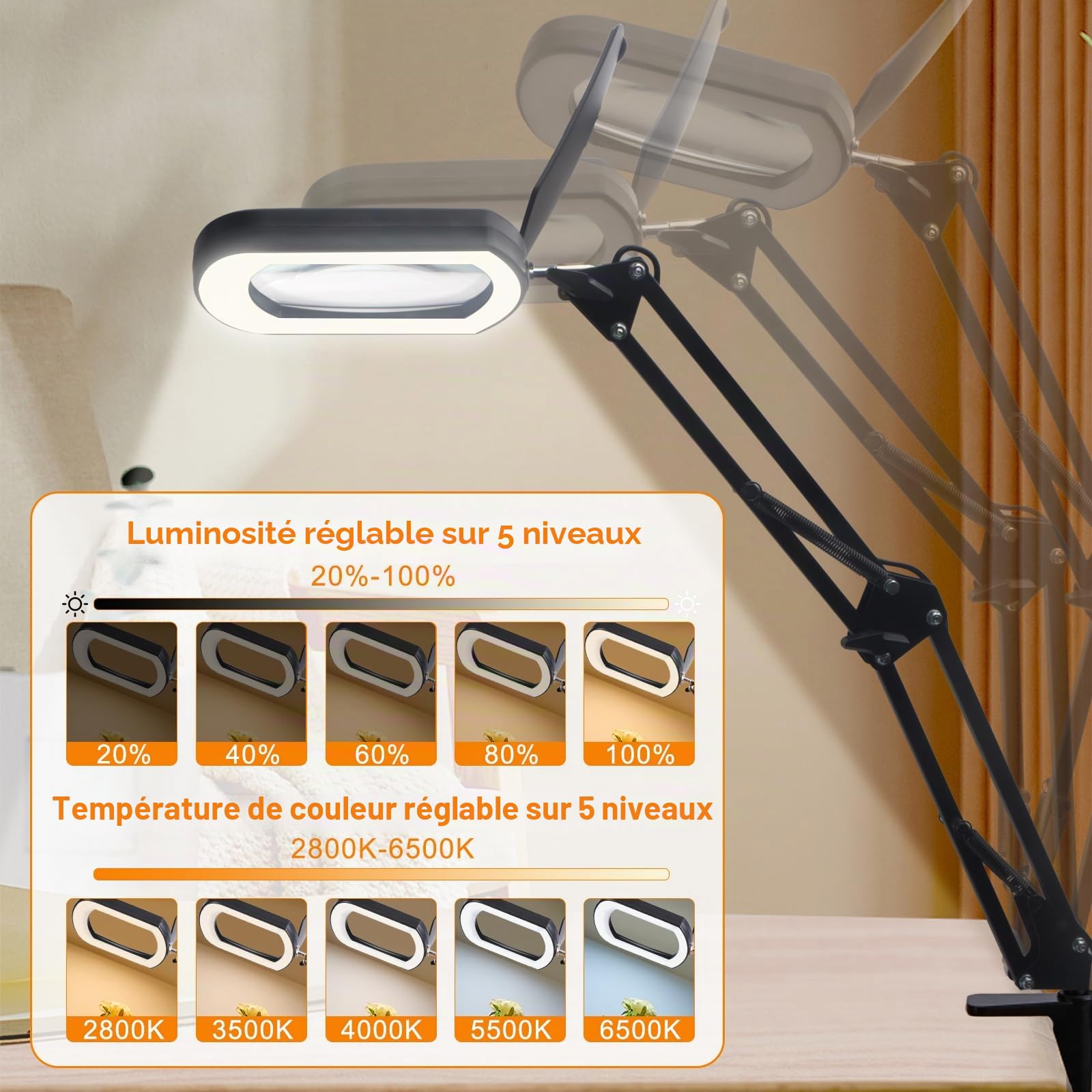 CGBE Lampe Loupe 10X avec lumière: 5'' Loupe de Lecture avec étui Anti-poussière, 5 modes couleur et intensité variable. 3-en-1 Loupe Lampe Inclut Socle et Pince pour Bricolage, Travaux et Loisirs.