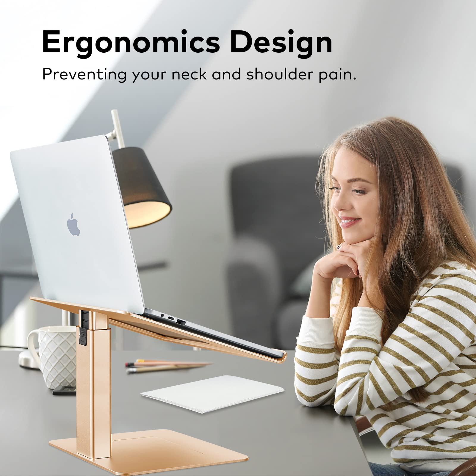 Supporto per scrivania ergonomico per laptop da 11 a 17 pollici, supporto per computer portatile DJ, altezza regolabile da 7 a 15 pollici, alluminio (oro)