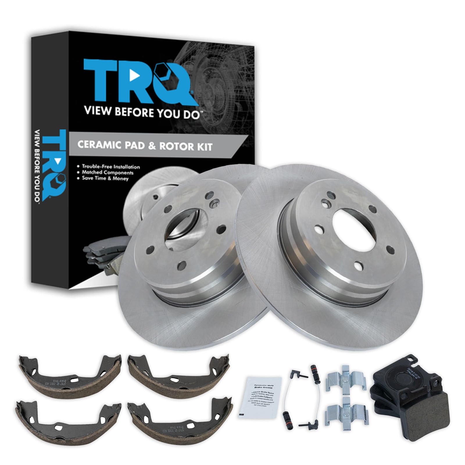 TRQ Rear Brake Pad and Rotor Set Ceramic Compatible with 1996-1997 C36 AMG 1996-2002 E320 1997 E420 1998-1999 CLK320 1998-1999 E300 1998-2002 E430 1999 CLK430