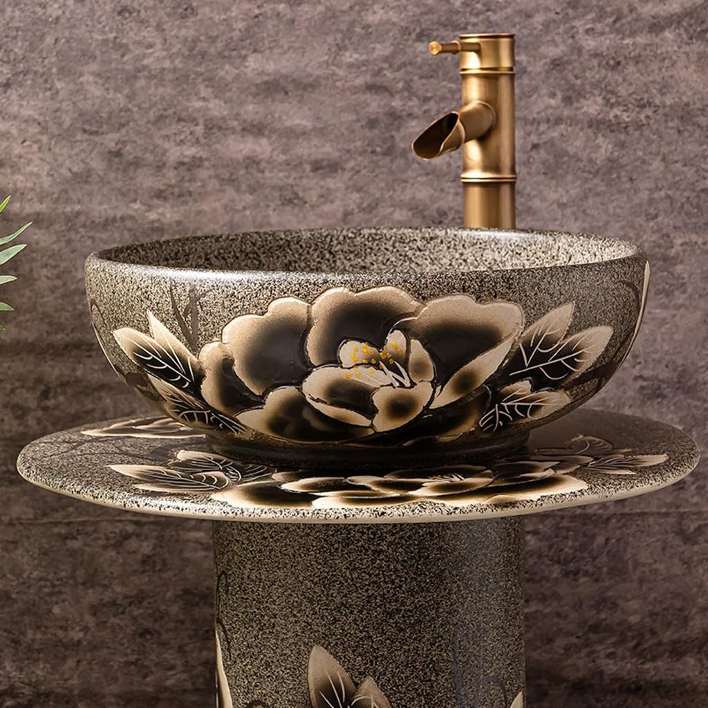 Pedestal Sinks Outdoor Wash Basin Villa Courtyard Pool Balcony Floor-Standing Column Ceramic Bathroom Sink (A)