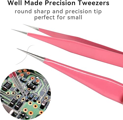 Miniatura 3 de Juego de 6 pinzas de precisión rosa de acero inoxidable antiestático mejorado curvadas de pinzas para mujer para electrónica trabajo de laboratorio