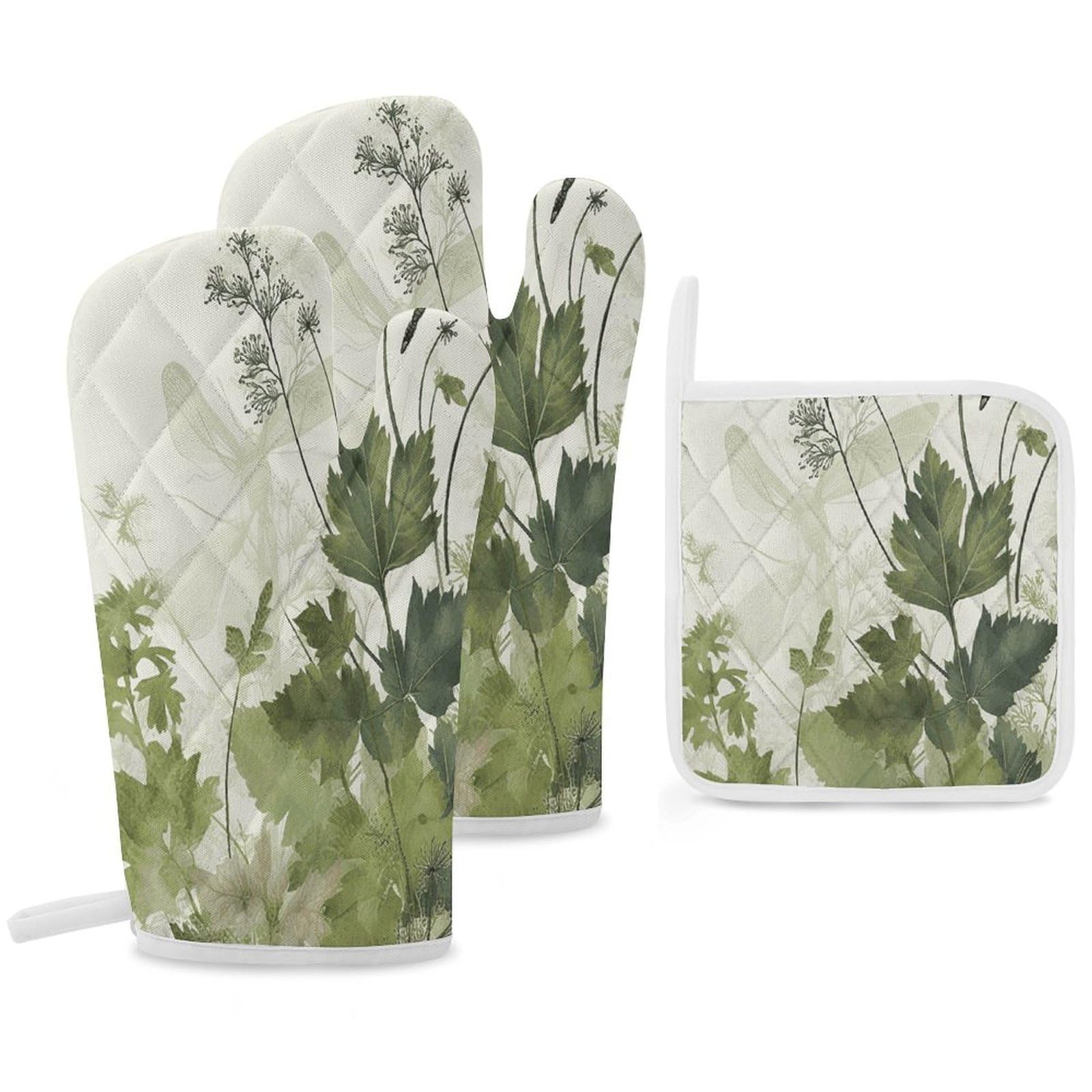 Fekiloot Style Foliage And Herbs With Dragonflies Winged Oven Mitts Funny Heat Resistant,Oven Glove With Hanging Loop,Resistant Hot Pads For Kitchen Baking Grilling Cooking