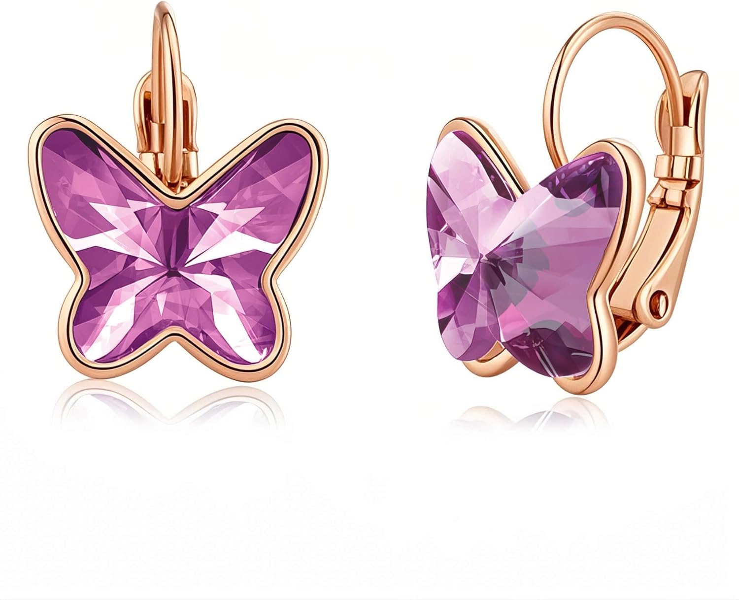 EVEVIC Austrian Crystal Butterfly Earrings Drop Leverback Earrings for Women 14K Rose Gold Plated Hypoallergenic Jewelry Gifts