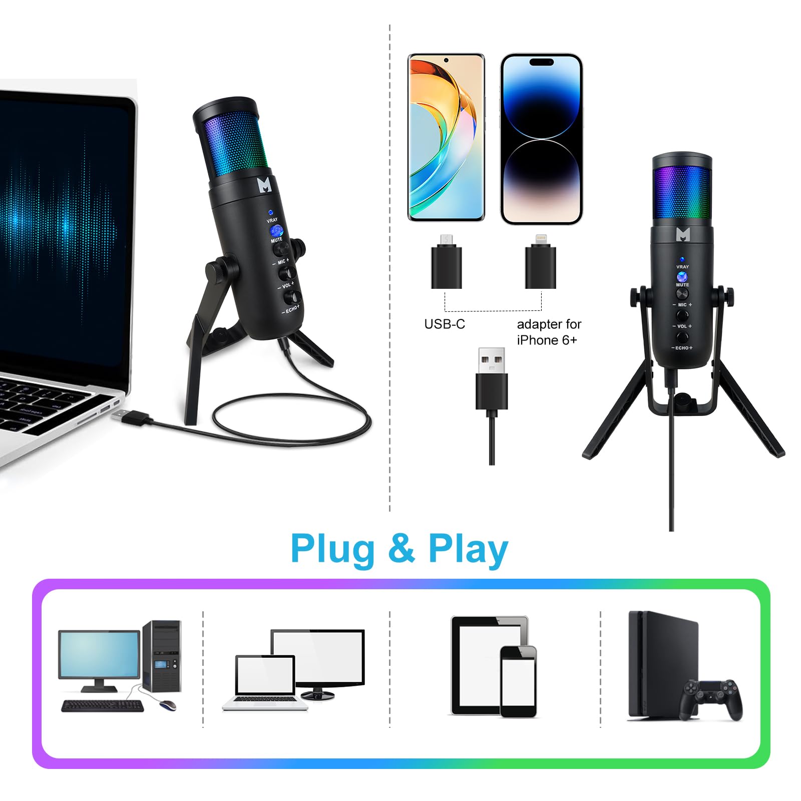 Mikrofon USB do komputera, mikrofon gamingowy do strumieniowego przesyłania podcastów, mikrofon kondensatorowy USB C ze sterowaniem RGB, kompatybilny z telefonami komórkowymi, komputerami,