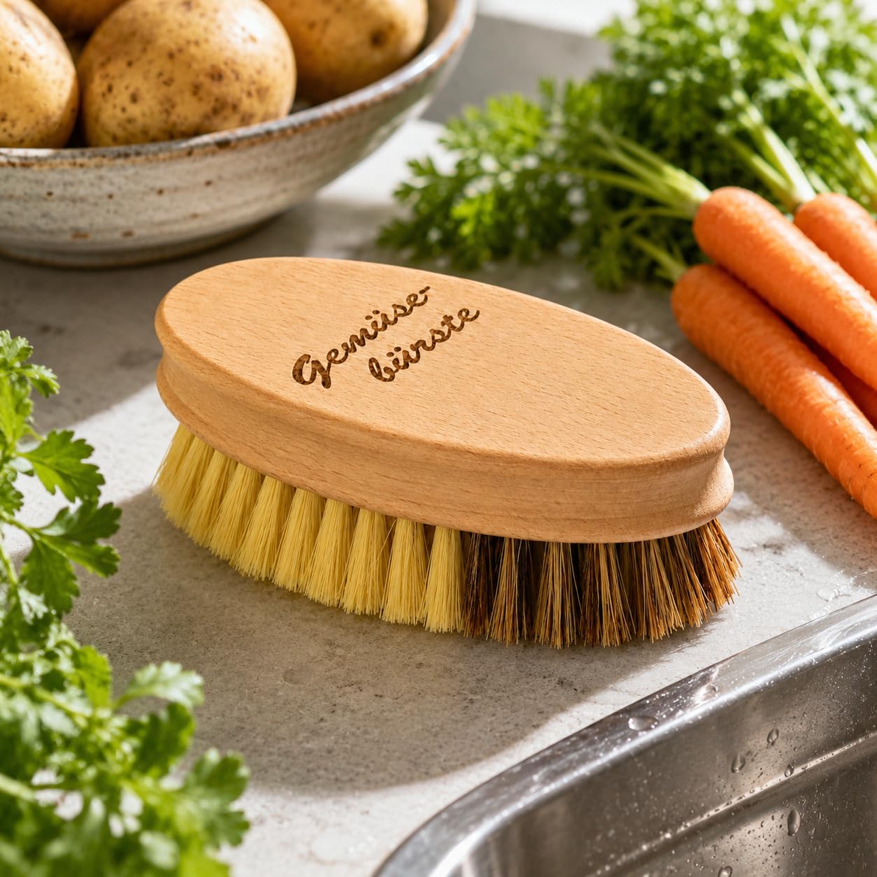 Teemando Brosse à légumes en bois de hêtre avec poils naturels 2 degrés de dureté
