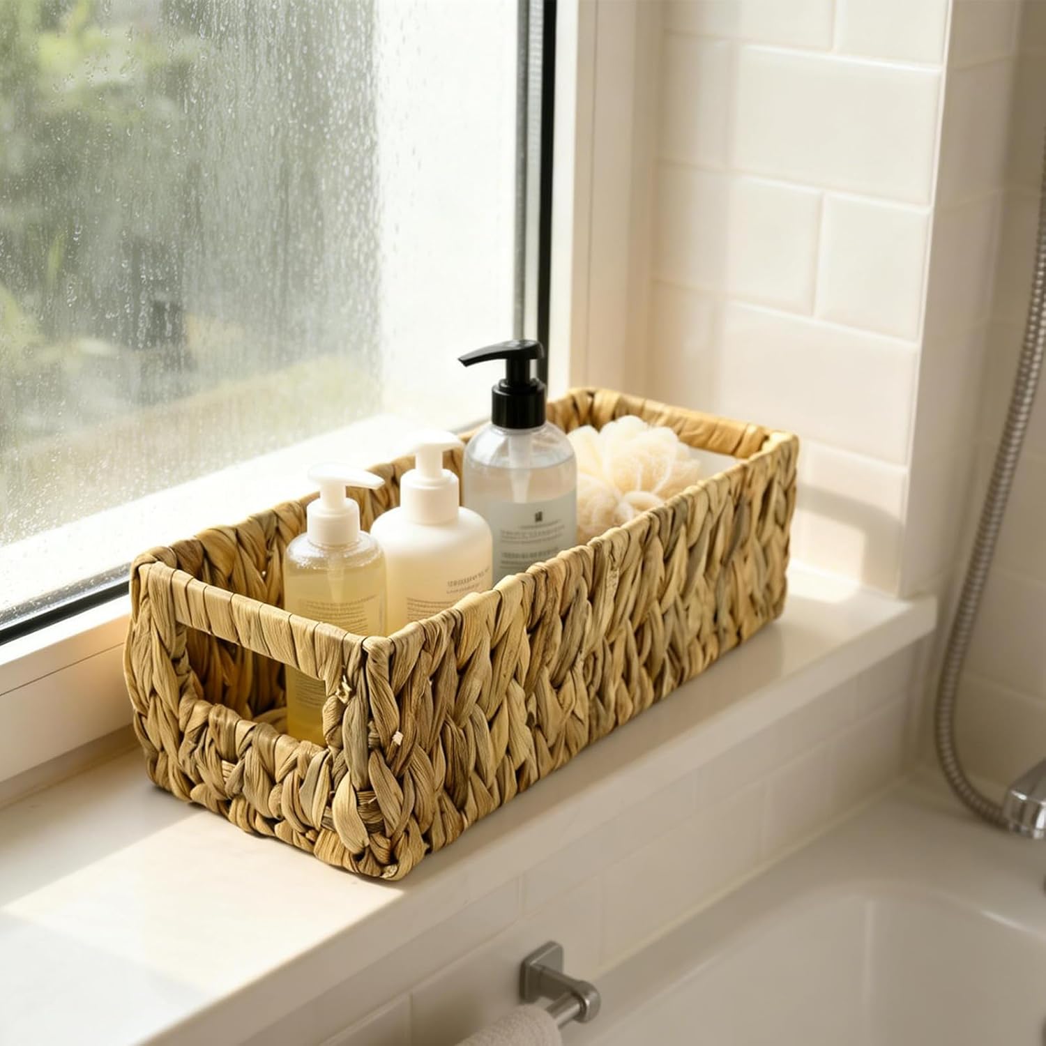Water Hyacinth Woven Storage Basket with Handles, Handwoven Rectangular Toilet Tank Basket for Living Room, Bathroom, Over Toilet Shelf, Natural Set 2
