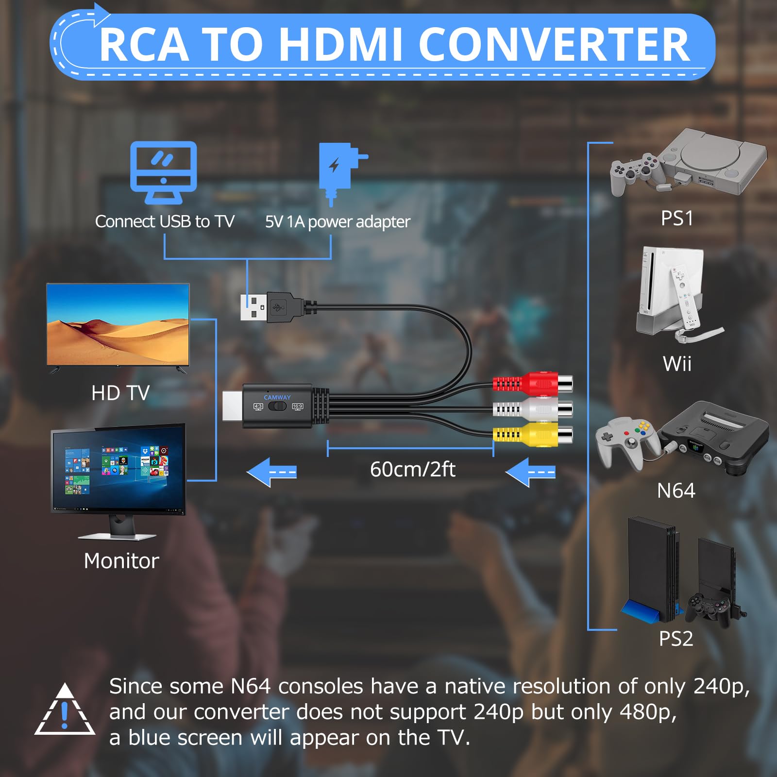 CAMWAY Konwerter RCA na HDMI, adapter audio wideo 1080P AV z przełącznikiem proporcji 4:3/16:9, kompozytowy CVBS RCA żeński na HDMI męski kabel do gier retro, PS2, N64, Wii, magnetowidu, VHS, DVD, 60