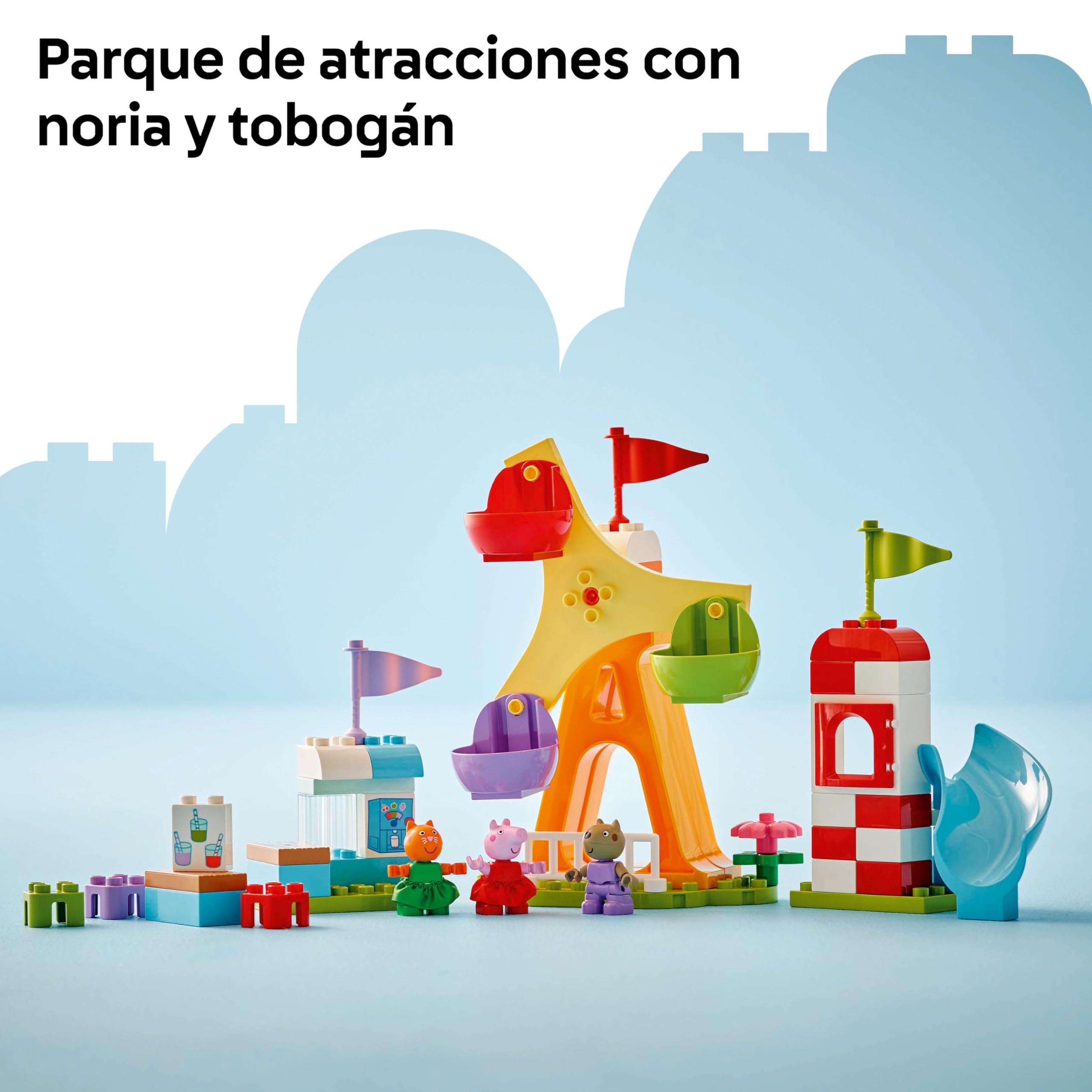 LEGO Duplo Peppa Pig Feria - Juegos para la Motricidad Fina para Niñas y Niños de 2+ Años - Parque de Atracciones con Noria y Tobogán de Juguete y 3 Figuras Inc. Danny Dog y Candy Cat 10453