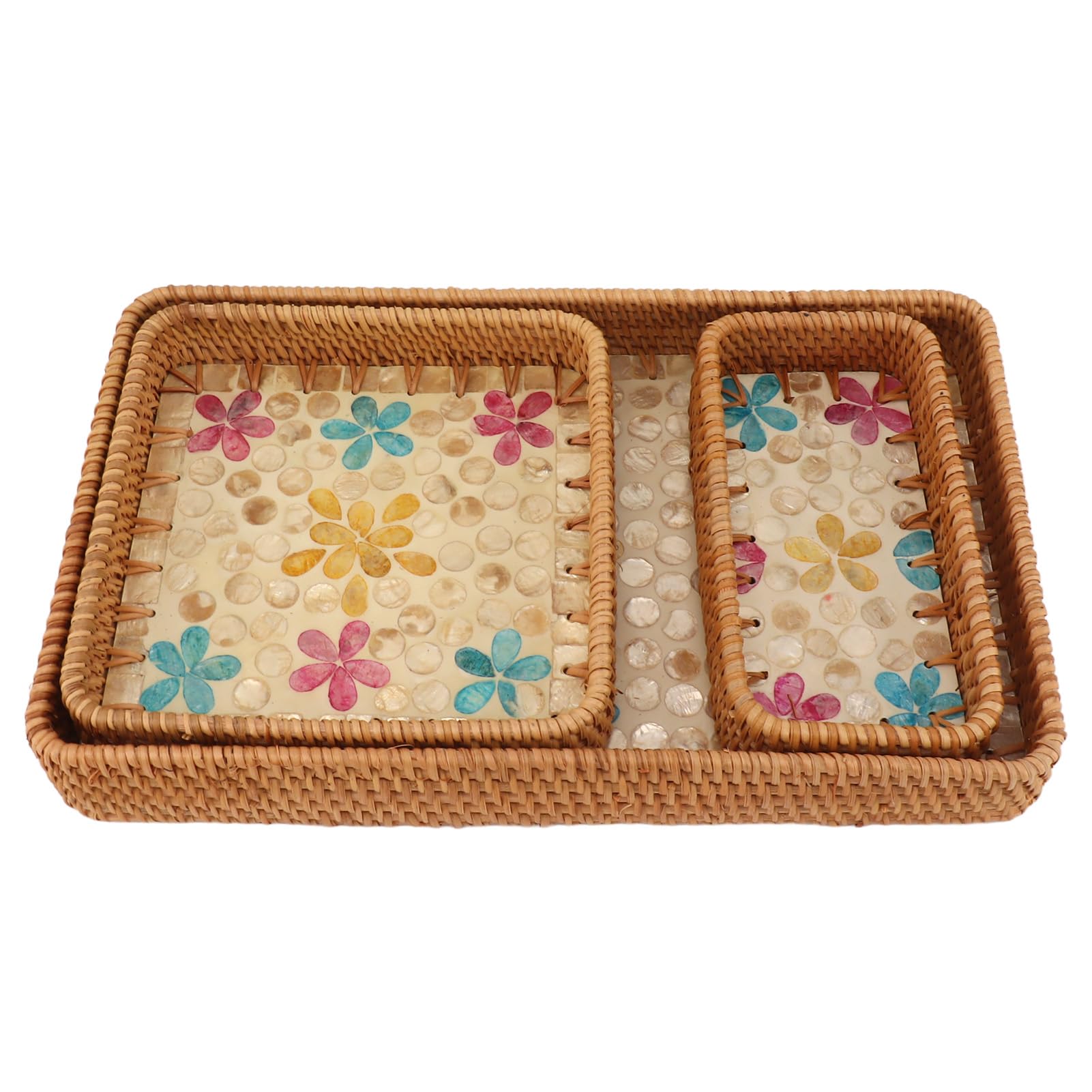 3 Unidades de Bandeja de Fruta de ratán, Juego de bandejas de Almacenamiento de ratán rectangulares, Bandeja de Servicio Multiusos Tejida a Mano para el hogar y el Restaurante, (Florete Colorido)