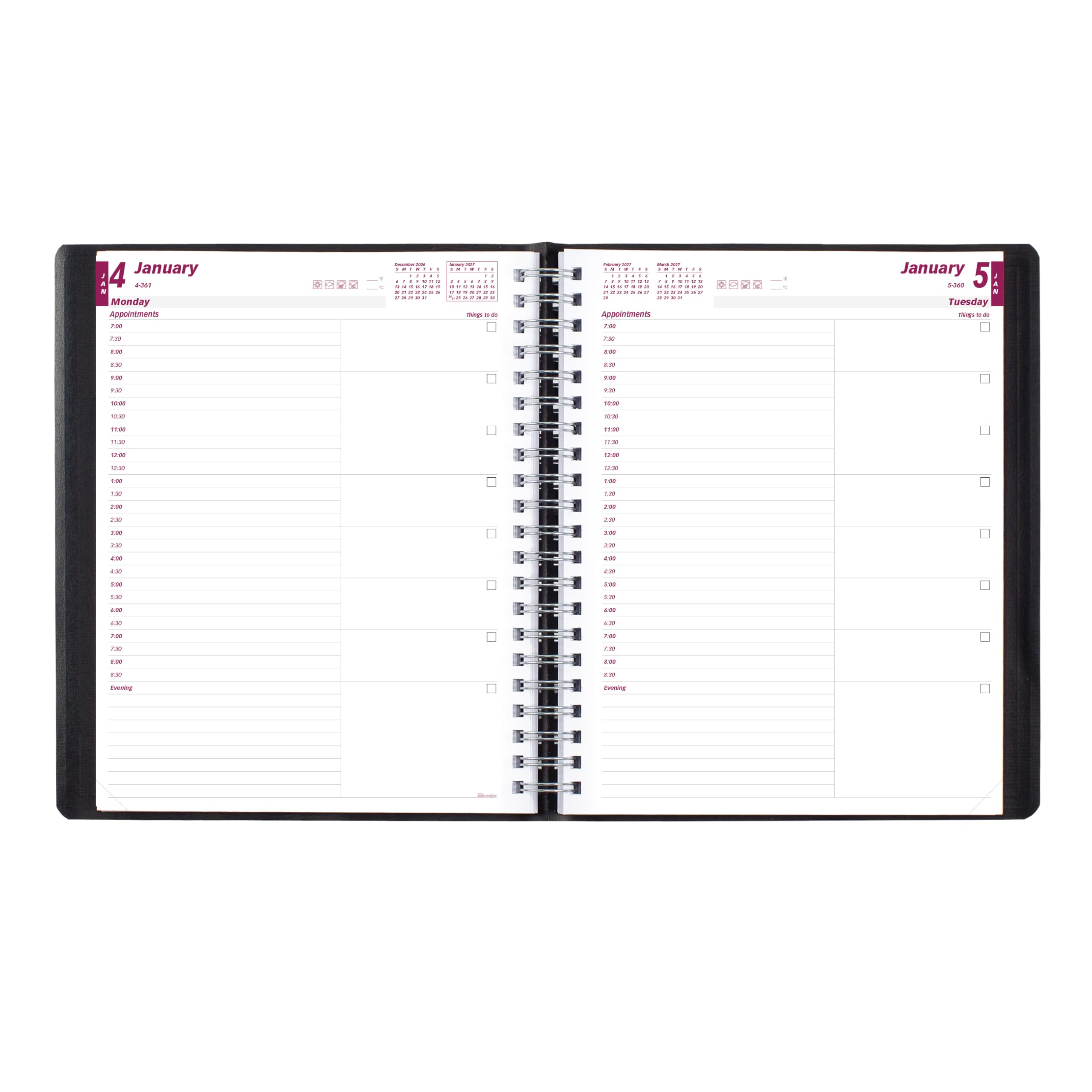 Brownline® Agenda giornaliera 2027, agenda giornaliera 12 mesi, da gennaio a dicembre, rilegatura a doppio filo, 28 x 21,6 cm, nero (CB965.BLK)