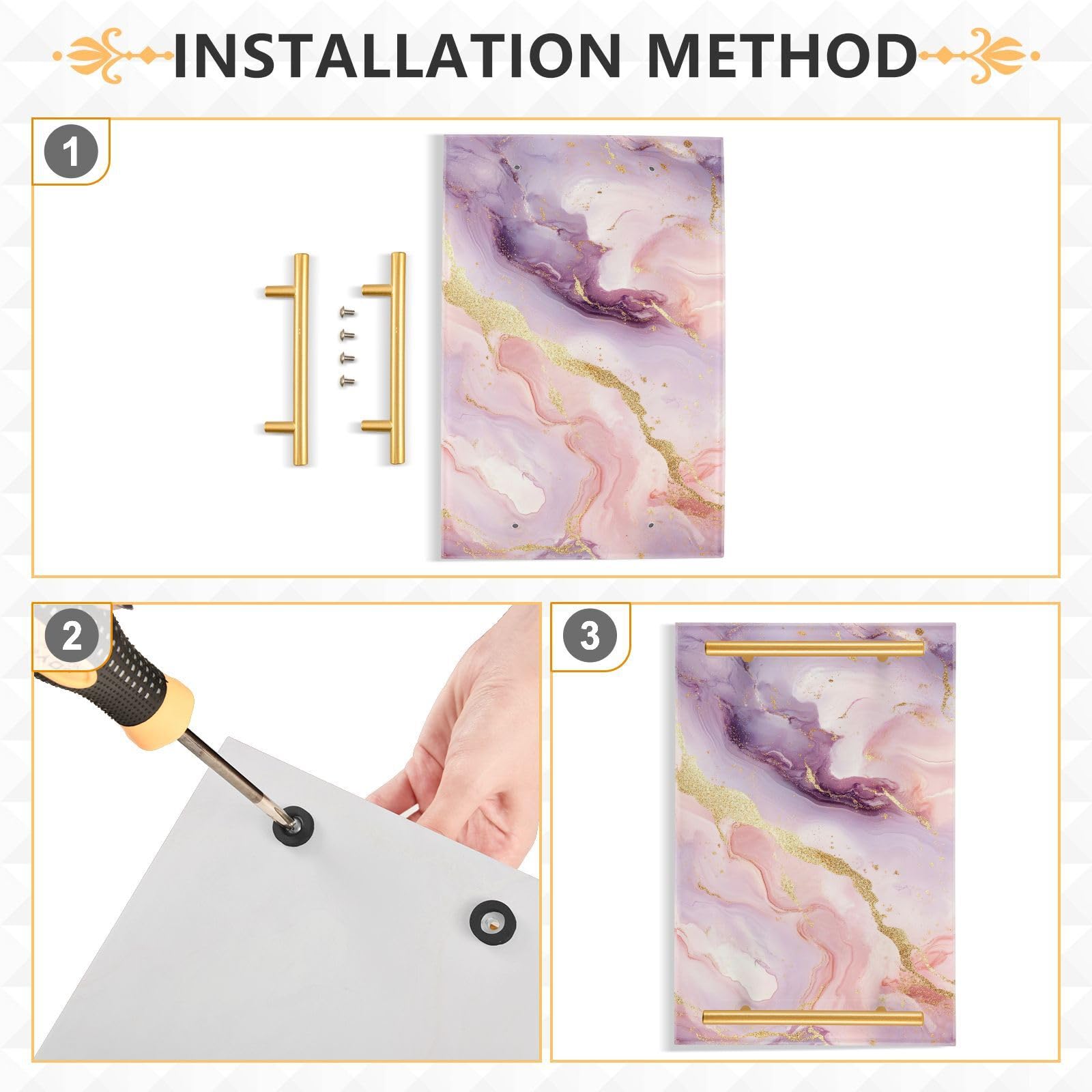 GUIJI Mixed Golden Marble 3 Acrylic Tray, Perfume Cosmetic Jewelry Decorative Trays Bathtub Organizer, Living Room Kitchen Serving Tray with Gold Handles