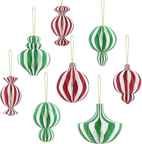 Miniatura 8 de Decoraciones para Fiestas de Navidad - 6 Piezas de Adornos Colgantes de Panal de Papel de Dos Tonos con Borde de Purpurina Dorada, Formas Variadas,