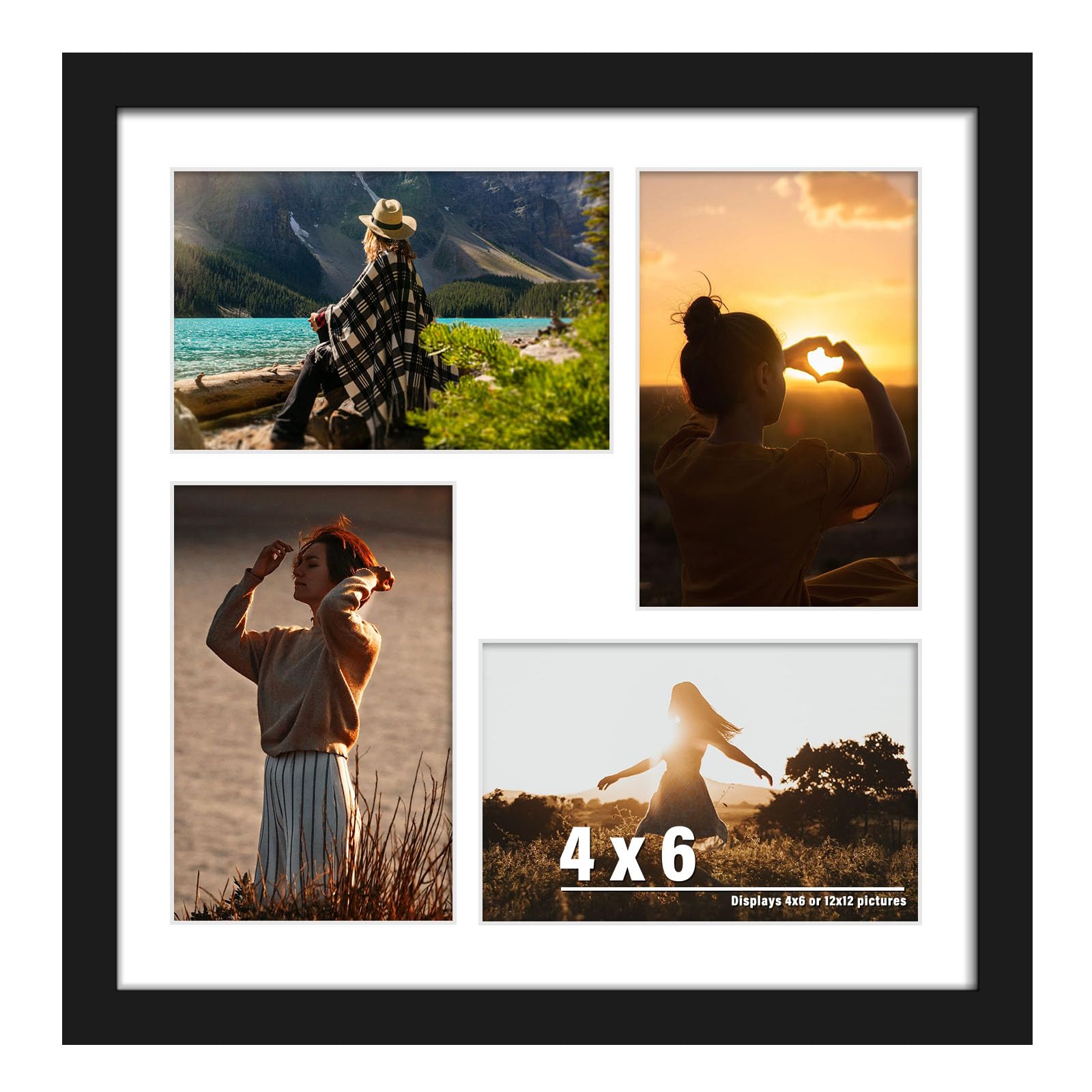 DUENPY 12x12 Picture Frame, 4x6 Collage Picture Frame, Displays Four 4x6 inch Photos, or 12x12 (Without Mat) Available for Wall Mount or Table Top Horizontal and Vertical Display, Black.