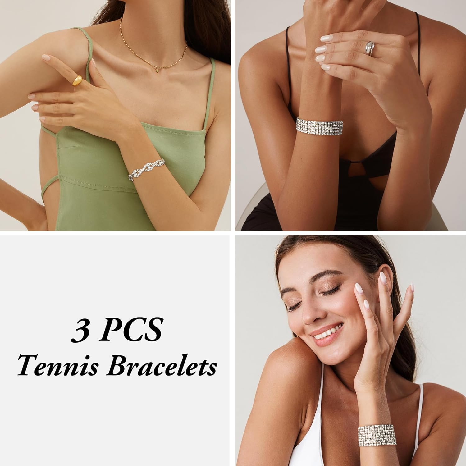 FIBO STEEL 3 PCS Rhinestone Stretch Bracelets for Women Bridal Sparkly Wedding Strand Tennis Bracelet Set Silver/Gold/Rose Gold-Tone - Image 5