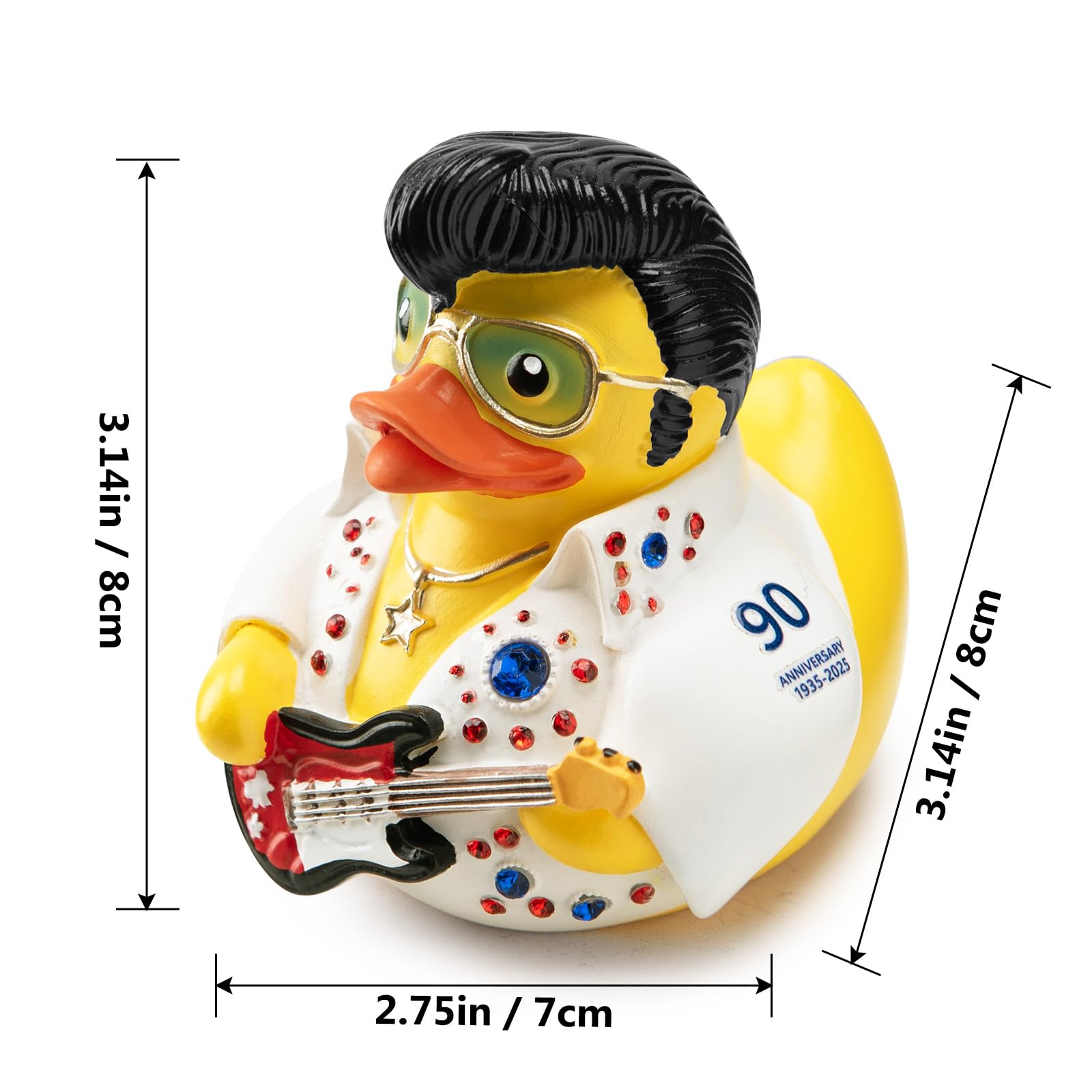 Elvis Duck Figurine, White Jumpsuit Design with Rhinestones, Decorative Collectible, 3.14 x 3.14 x 2.75 inches