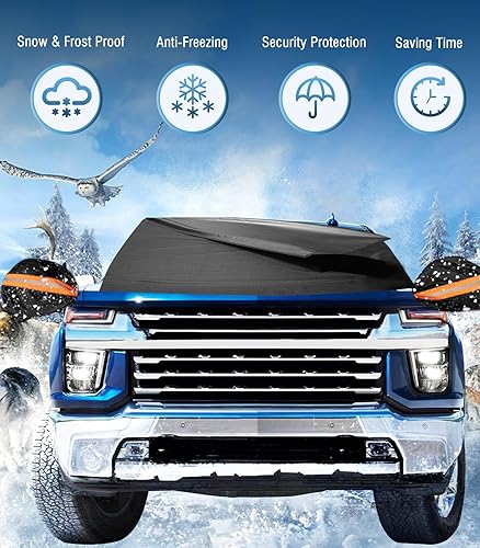 Vista 15 de YeewayVeh Cubierta para parabrisas de camión para hielo y nieve, cubierta gruesa de tela Oxford 650D, cubierta protectora de escarcha con espejo