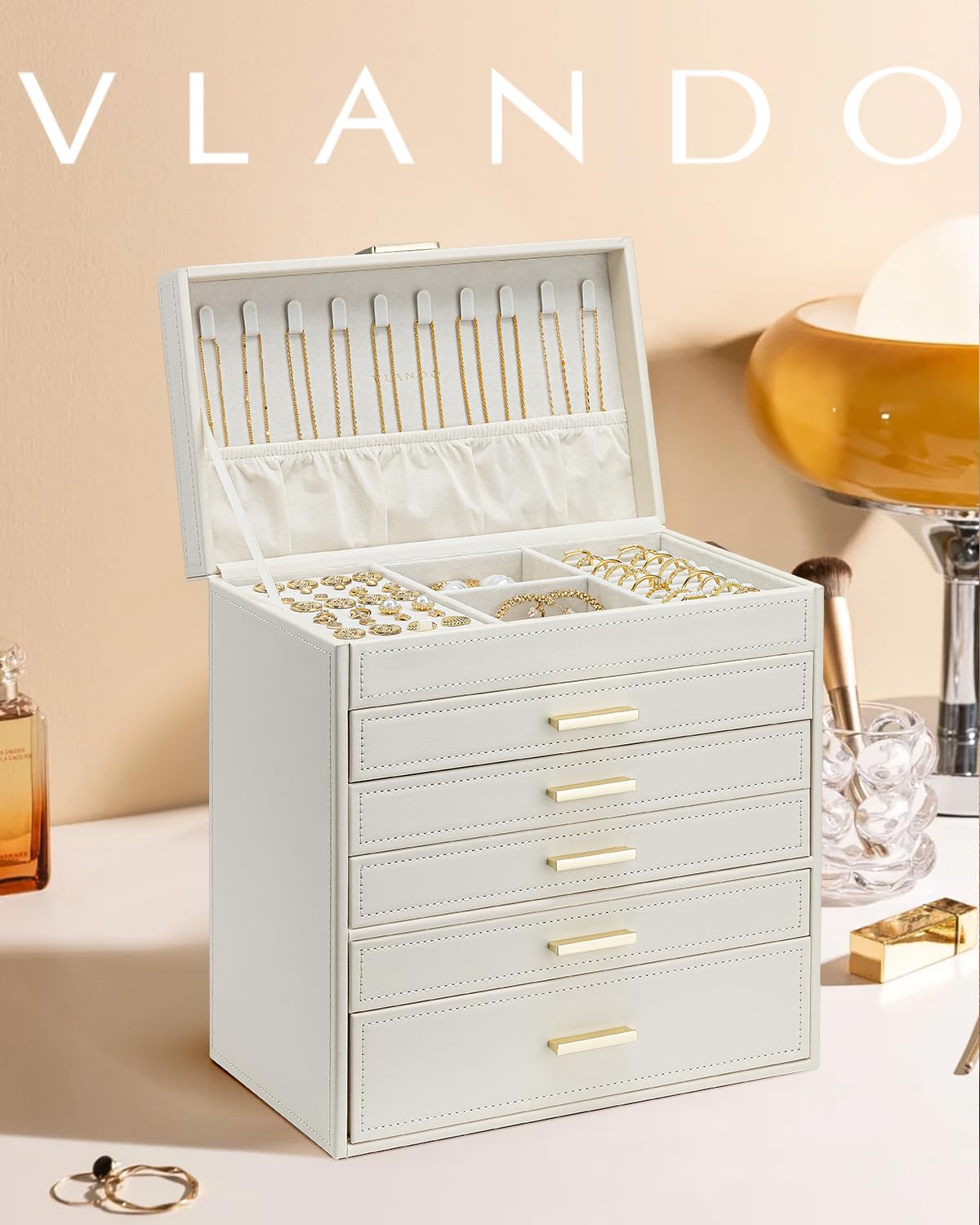 Vlando - Joyero grande de 6 capas, organizador para cajón, collar, anillo y reloj