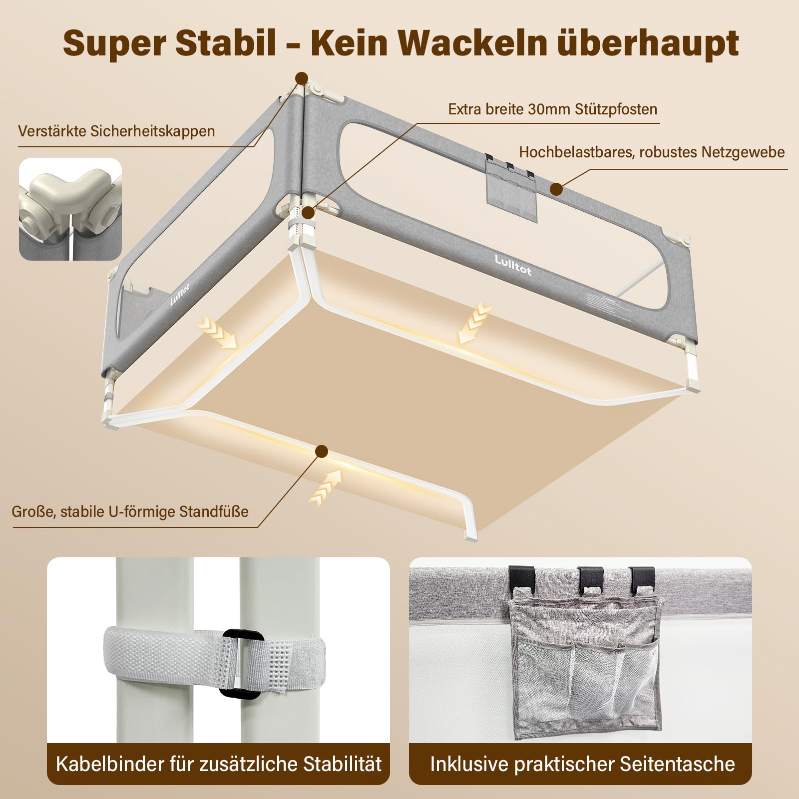 Bettgitter Rausfallschutz 3-seitig 180x200cm mit Spaltfüllstäbe | U-förmige Stabilstangen, Höhenverstellbar 66–96cm, Einklemmschutz, Werkzeuglose Montage, Mit Bettkopfstab für Boxspringbetten