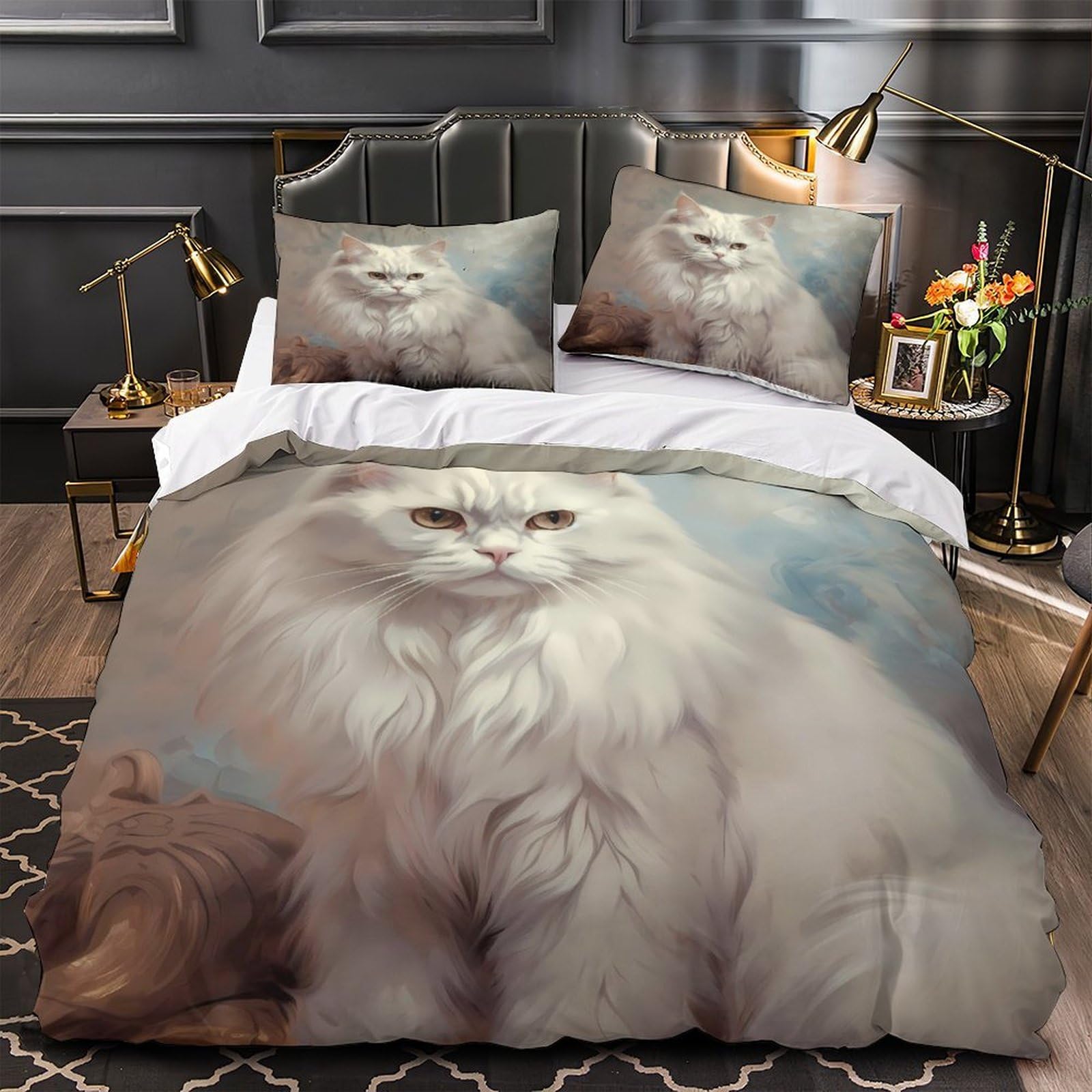 Housse de couette chat blanc 3D avec zip pour lit sans pli ni glisse