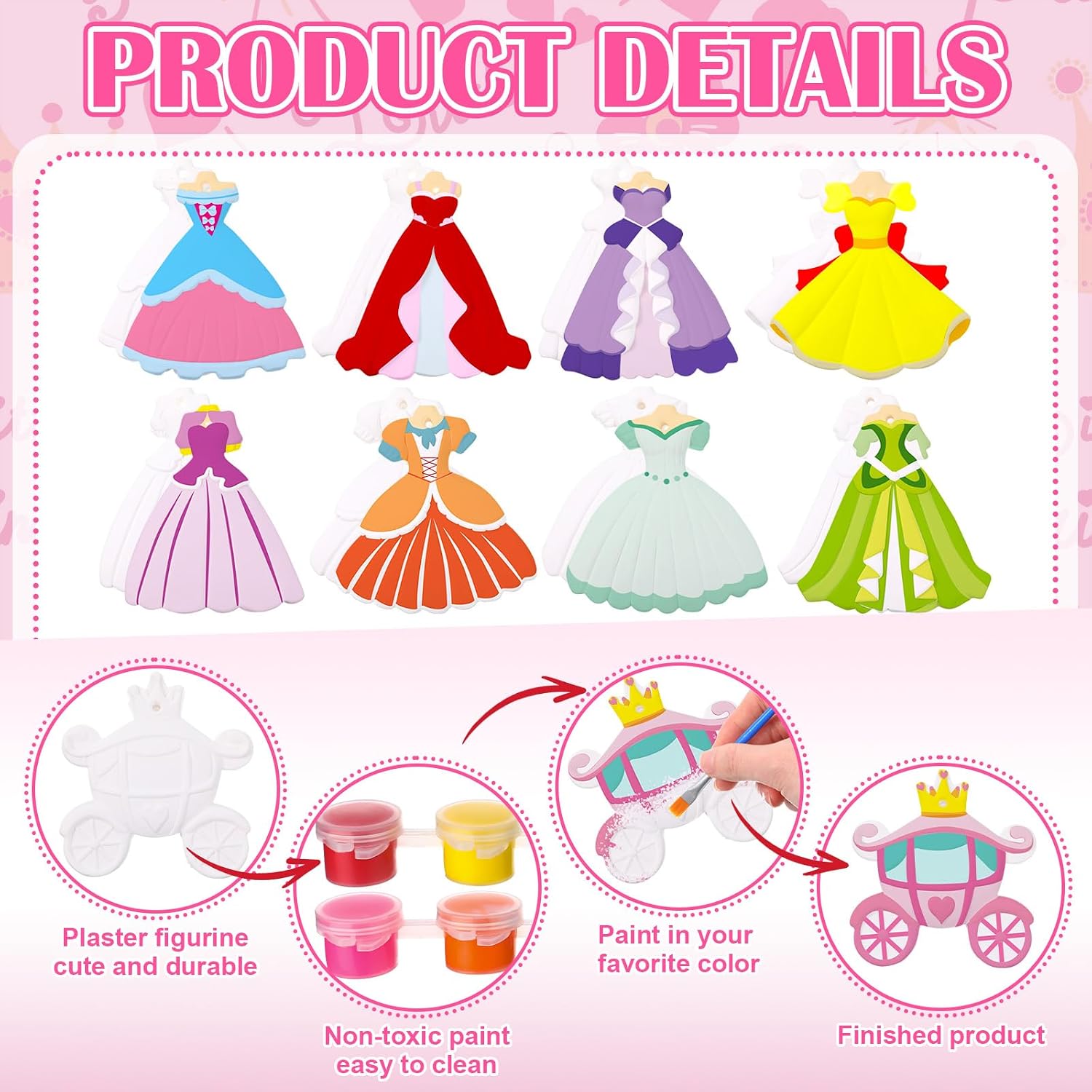 Seenelling 24 Set Princess Dress Ceramic to Paint Kits with Brush, Princess Ceramic Ornaments to Paint Unpainted DIY Arts Crafts Figurines for Baby Shower Girls Party Decor