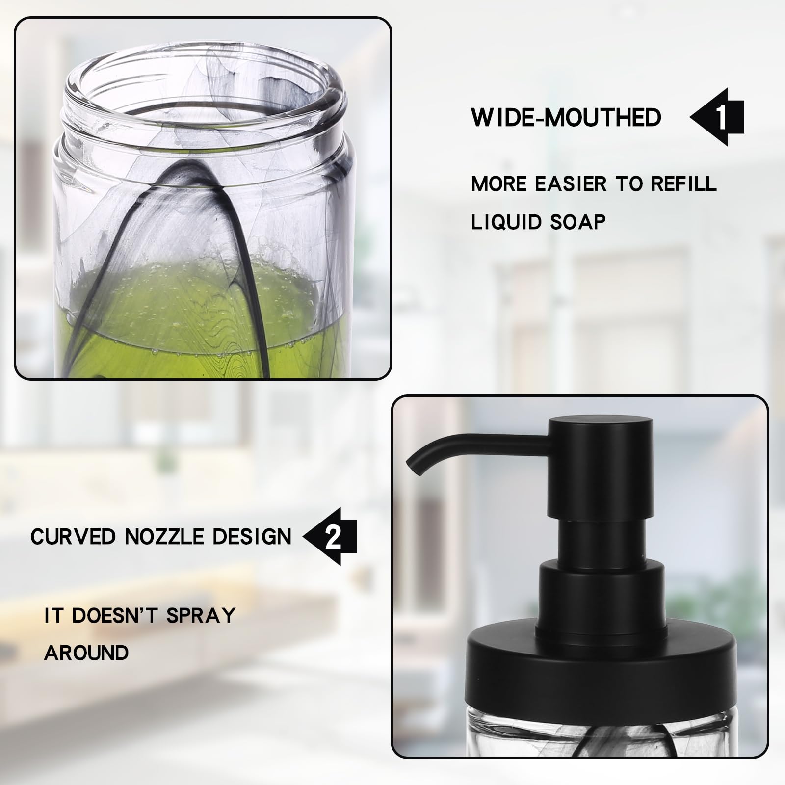 Dispenser per lozione nera, dispenser di sapone in vetro da 354,4 g, 2 dispenser di sapone per le mani per bagno e cucina, dispenser di sapone per piatti con pompa facile da premere ed