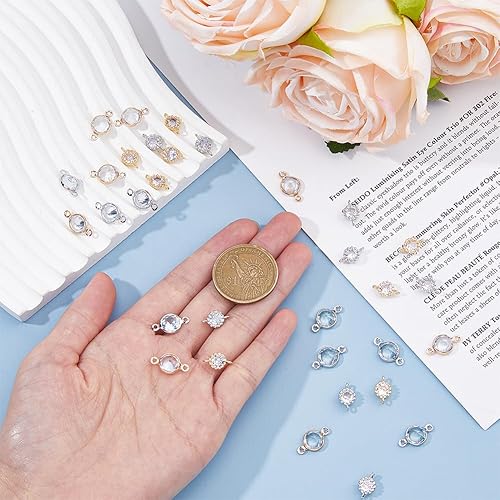 Miniatura 3 de SUPERFINDINGS 32 piezas de 4 estilos de diamantes de imitación de conector redondo con doble lazo chapado en oro plata conector colgante colgante