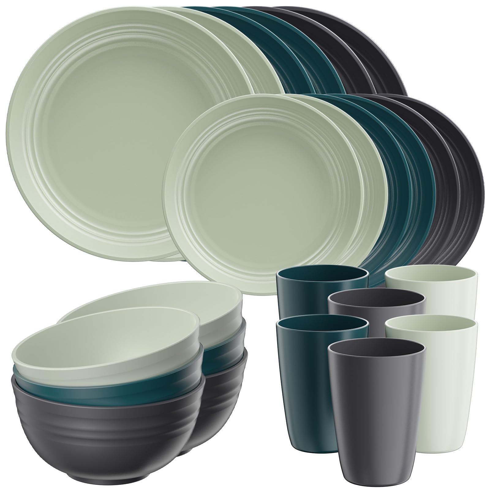 Quatish Kunststoff Geschirrset aus PP, Unzerbrechliches Camping Geschirr Set für 6 Personen, 24PCS Wiederverwendbare Tafel-Set für Kinder und Erwachsene, Geschirrspüler Mikrowelle Sicher, Grün