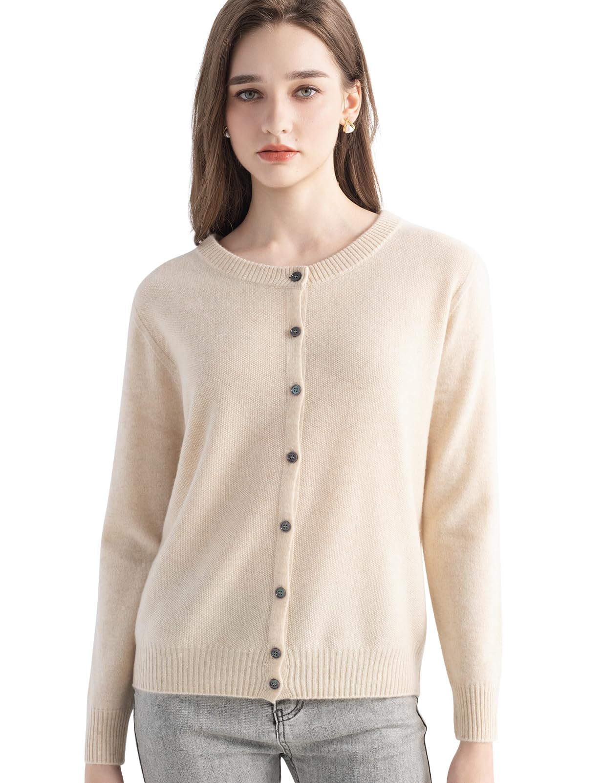 Chanyarn Women's 100% Pure Cashmere Cardigan Crew Neck Long Sleeve Warm Soft Knit Cardigan Sweater