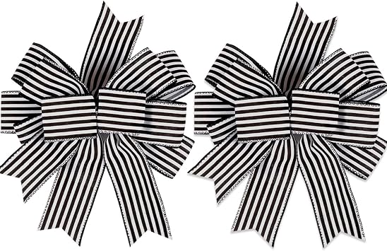 2 Pack Black White Stripe Halloween Fall Bows for Wreaths,12x9.4Black and White Christmas Decorations Bow for Gift Wrapping Tree Topper Wedding Holiday Birthday Party Wall Home Front Door