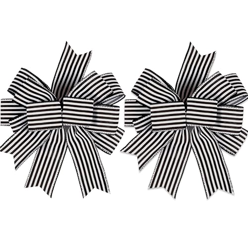 2 Pack Black White Stripe Halloween Fall Bows for Wreaths,12”x9.4”Black