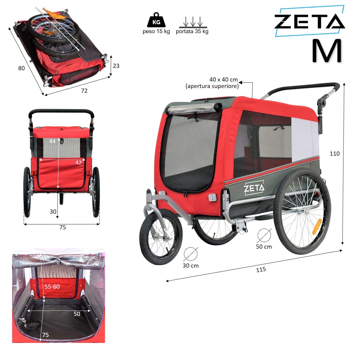 PAPILIOSHOP ZETA: Rimorchio Multifunzionale per Bici, Carrello Passeggino per Trasporto di Cani e Animali, Ideale per Avventure all'Aria Aperta
