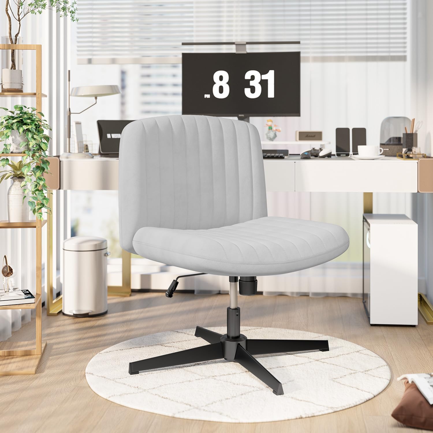 Silla de oficina ergonómica con patas cruzadas, sin brazos, silla sin ruedas, franela ancha y suave, giro de 360° y altura ajustable, diseño moderno para el hogar (gris)