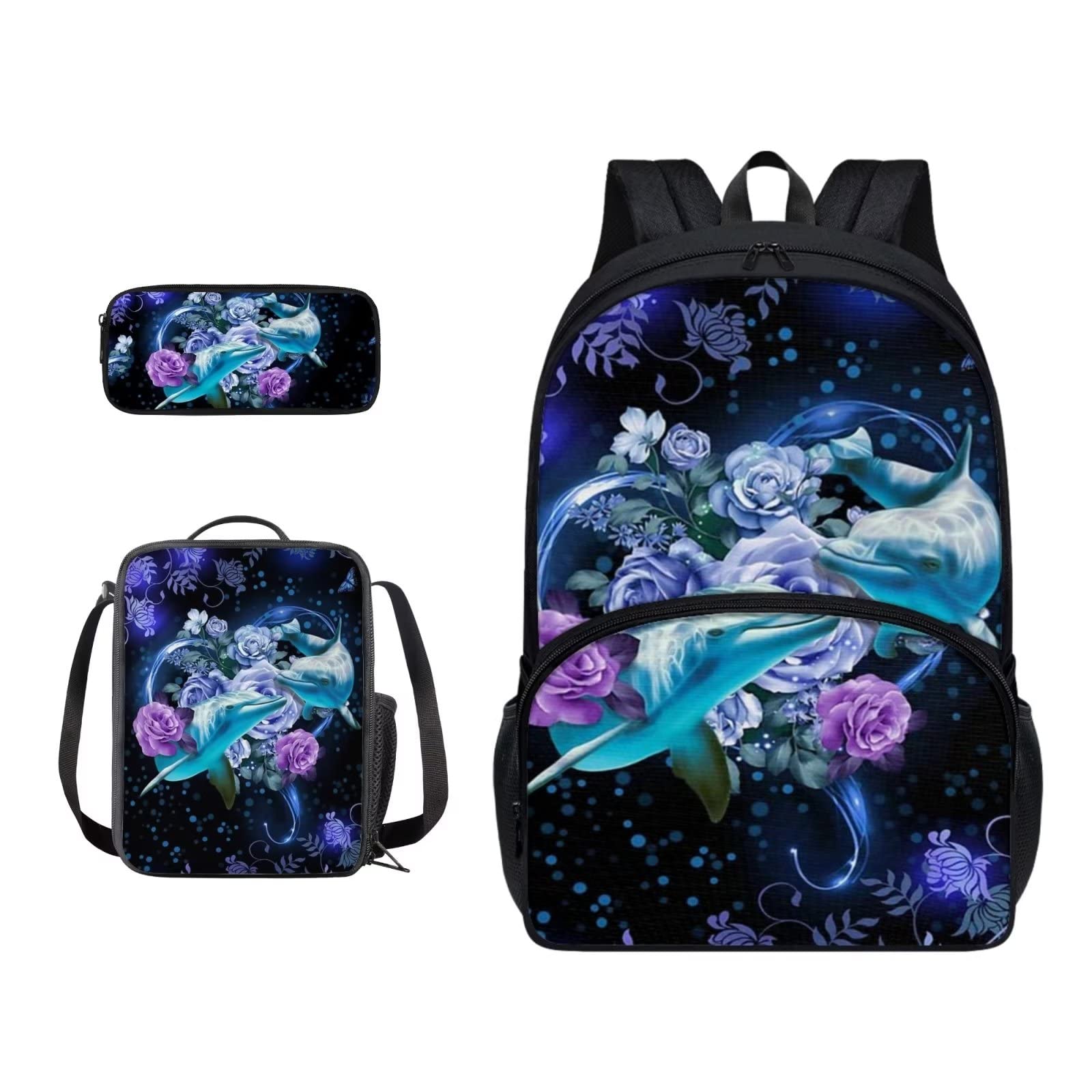 Poceacles Schultasche und Lunchbox-Set für Teenager, Jungen, Grundschule, Büchertasche, Federmäppchen für Grundschulkinder, Delfin Rose Blumen, Einheitsgröße