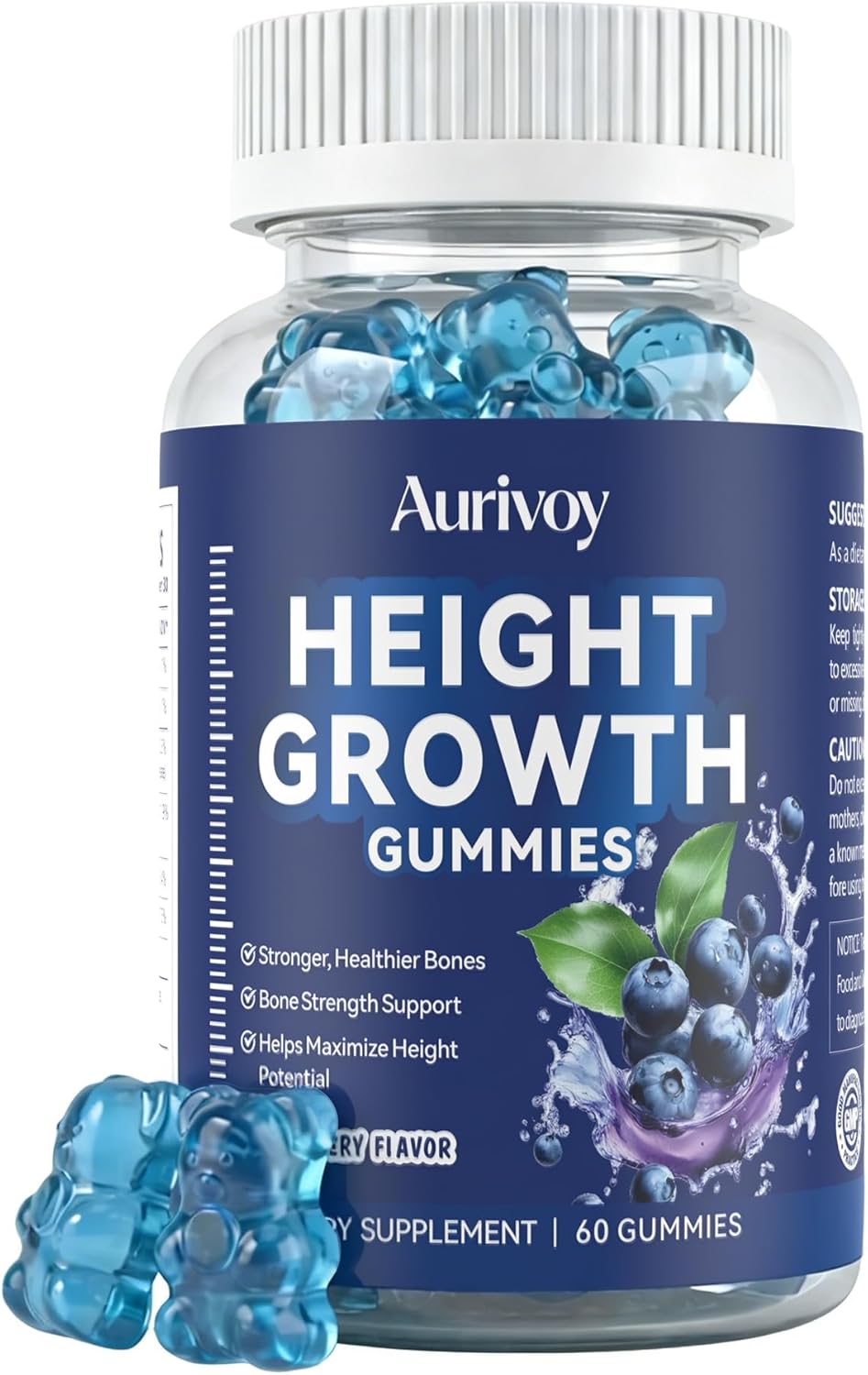 Growth Support Gummies for Teens and Kids, with Calcium, Magnesium, Zinc & Vitamin D3, Bone Strength Formula, Blueberry Flavor, Ages 5+, 60 PCS