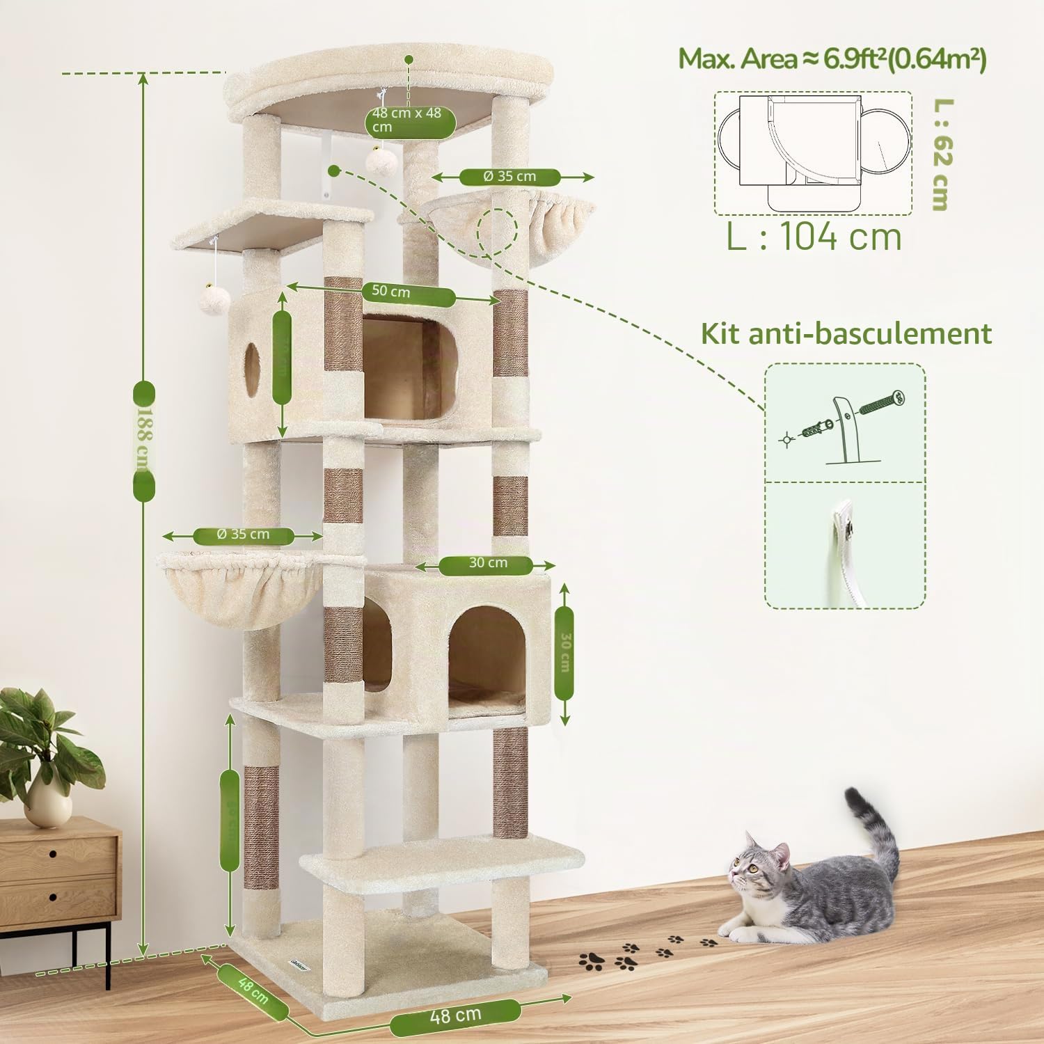 Globlazer Arbre à Chat Beige Grand Haut 188 cm avec 2 Grande Niches, Doux Plate-Forme, 2 Panier, Arbre a Chat Stable Résistant à la Pointe pour Gros Chats Grimpent Reposent Grattent (S74, Beige)