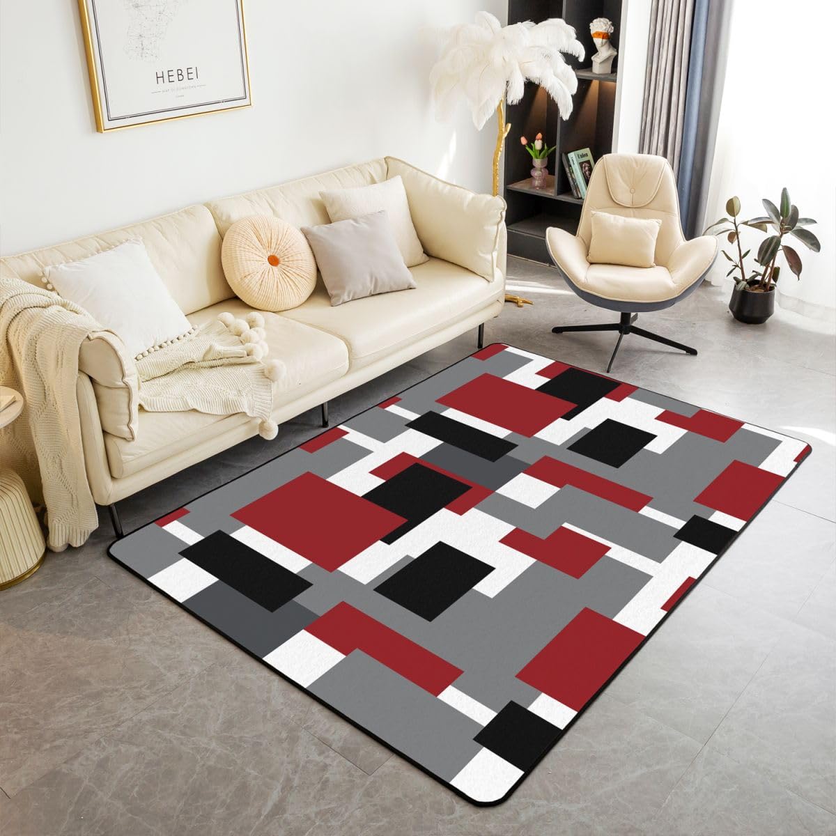 Loussiesd Tapis Salon 100x150cm Gris Rouge Tapis d’intérieur Noir Blanc Géométrique Reversible Antidérapant,Doux,Lavable Simple Art Modernee pour Salon Chambre Salle à Manger, Cuisine