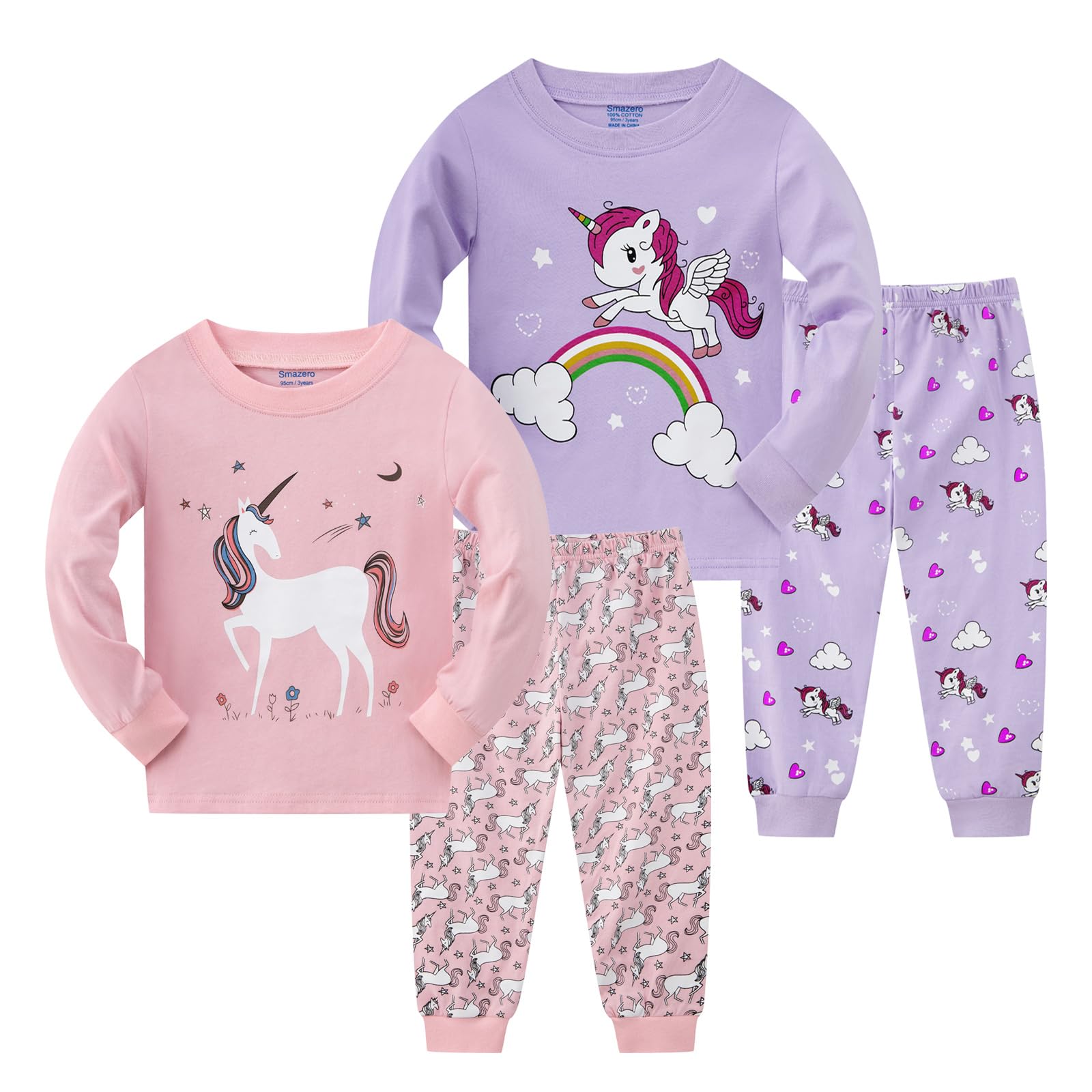 Pigiama natalizio per bambine con unicorno, in cotone, a maniche lunghe, per bambini da 3 a 8 anni, 4 pezzi