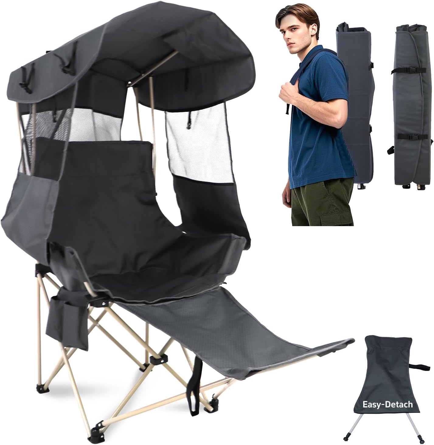 Folding Camping Chairs Canopy Outdoor: Sports Portable Beach Chair with Canopy-Lawn Beach Chairs with Umbrella for Adults-Camping Chair with Shade for Fishing Camp Heavy Duty (Casual, Grey) Grey Casual