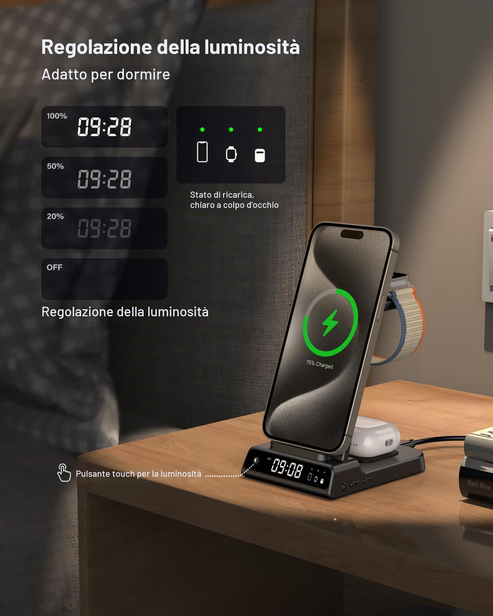 Caricatore Wireless per iPhone Air/17/16/15/14/13/12, 3 in 1 Stazione Ricarica compatibile con Apple Watch 10/Ultra 2/9/8/7/6/5/4, Air Pods 4 (Senza Adattatore)