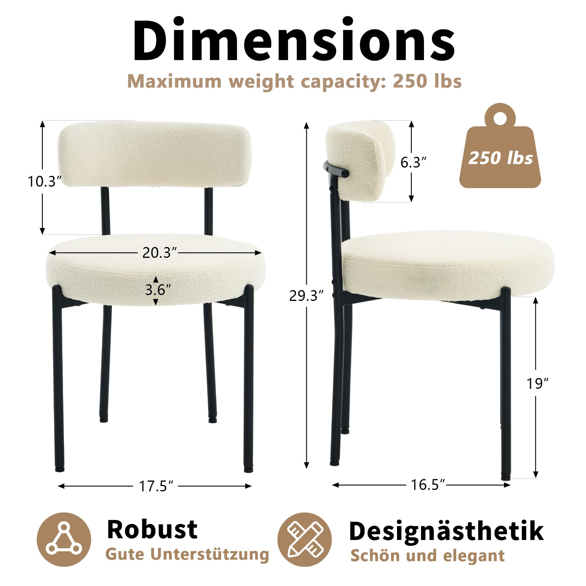 Mid-Century Modern Teddy Fleece Esszimmerstühle 4er Set mit gebogener Rückenlehne, Metallbeinen, Schminktisch-Stuhl, Gepolsterte Küchenstühle für Esszimmer, Restaurant, Weiß