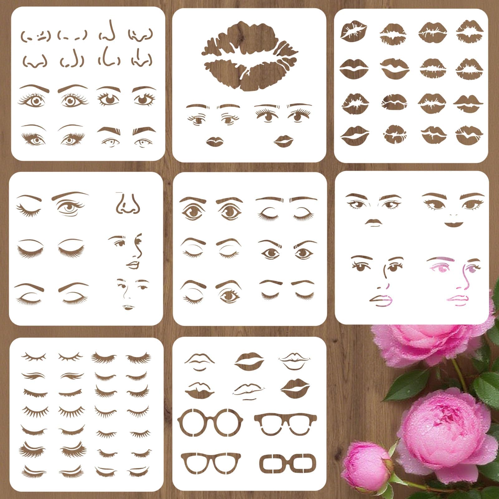 8Pcs 8 Styles Face Templates for Crafts Eye Face Stencil 12 x 12 Inch Facial Features Lips Mouth Eyebrows Nose Eyeglass Reusable PET Plastic Stencils for Wood Wall DIY Crafts Home Art Decor