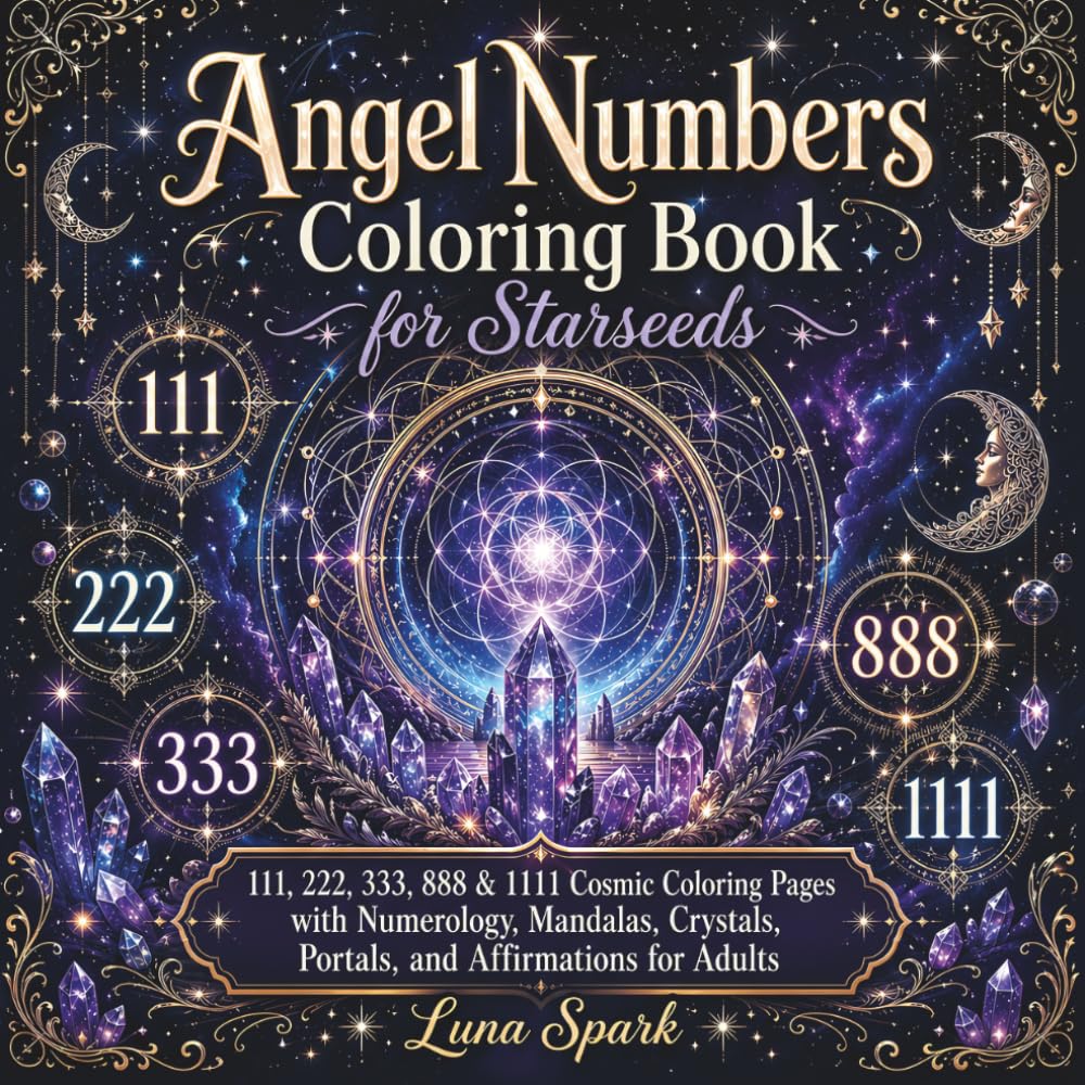 Angel Numbers Coloring Book for Starseeds: 111, 222, 333, 444, 555, 777, 888 & 1111 Cosmic Coloring Pages with Numerology, Mandalas, Crystals, Portals, and Affirmations for Adults