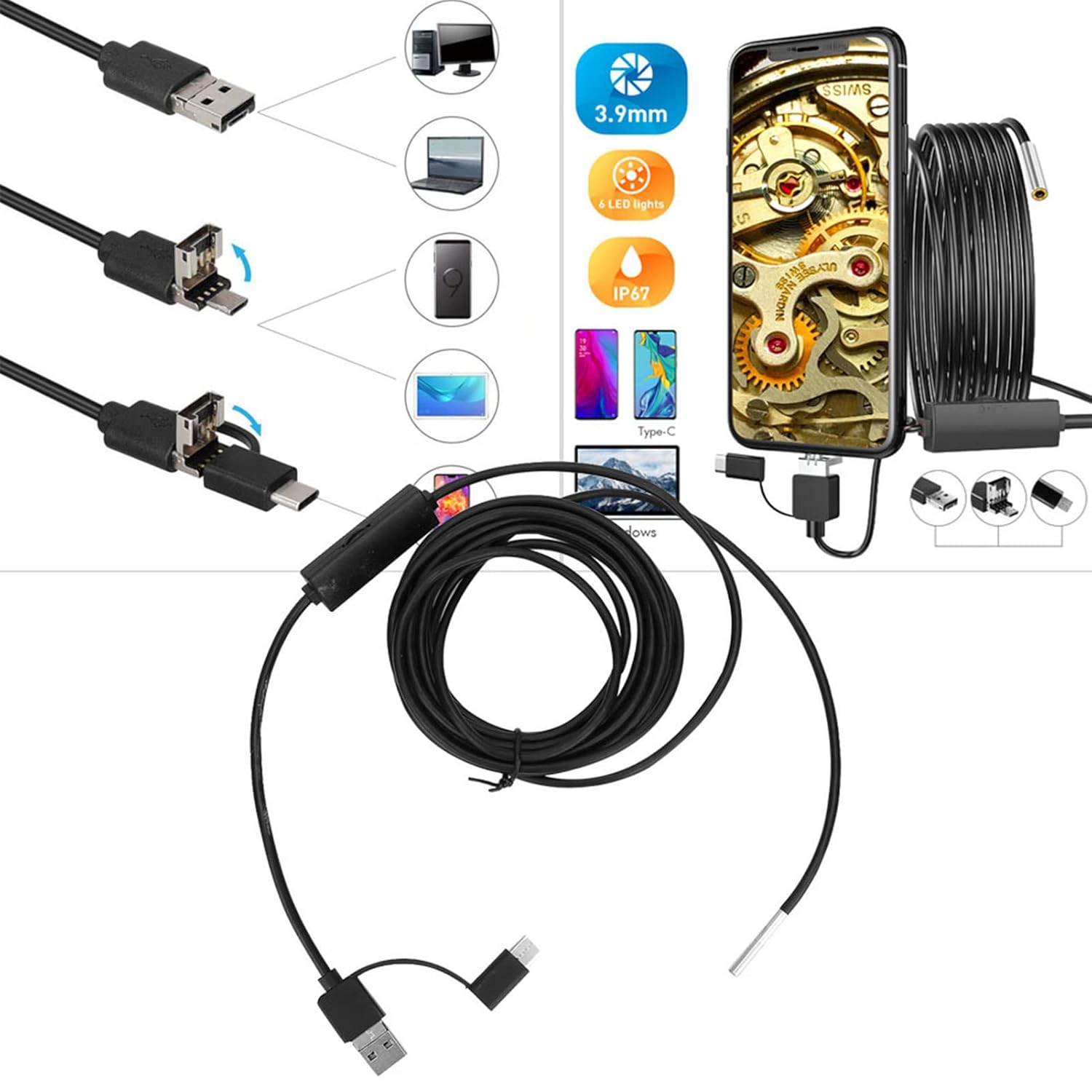 C Type 3 in 1 Endoscope Camera,High Definition Waterproof Mobile Phone Endoscope 3.9mm Endoscope Borescope Android for Fiberscopes (3.5m Flexible Cord)