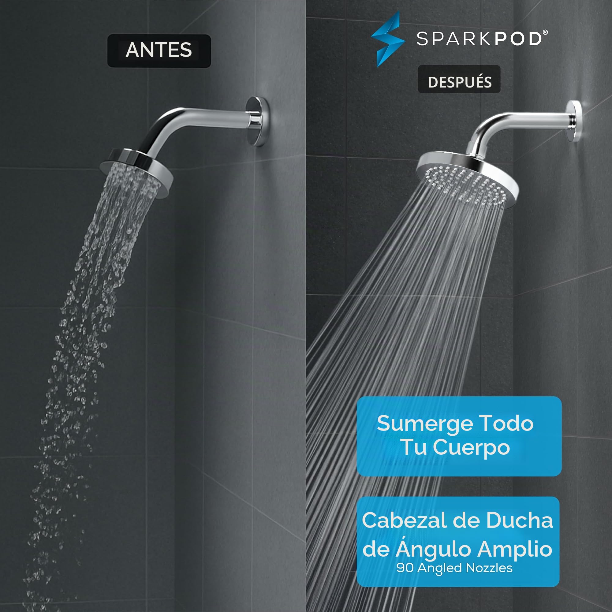 SparkPod Cabezal de ducha fijo, lluvia de alta presión, aspecto cromado moderno de lujo, fácil instalación sin herramientas, el reemplazo ajustable perfecto para tus cabezales de ducha de baño