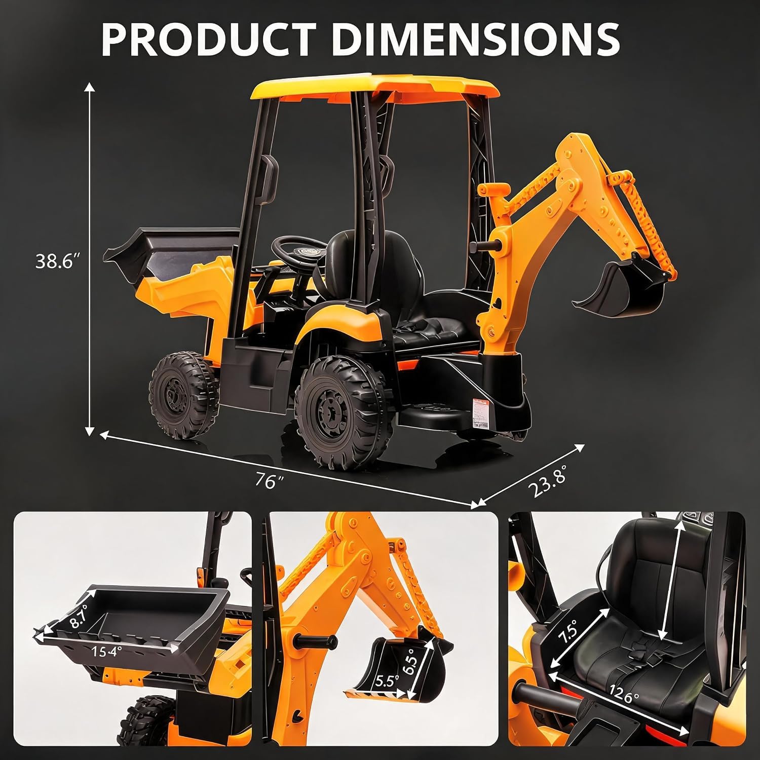 12V Tracteur Électrique pour Enfants avec Klaxon, Télécommande 2,4g, 4 en 1 Excavatrice Électrique avec Pelle, Bulldozer, Plafond Amovible, 2-4Km/h pour Enfants De 3 Ans+ (Jaune)